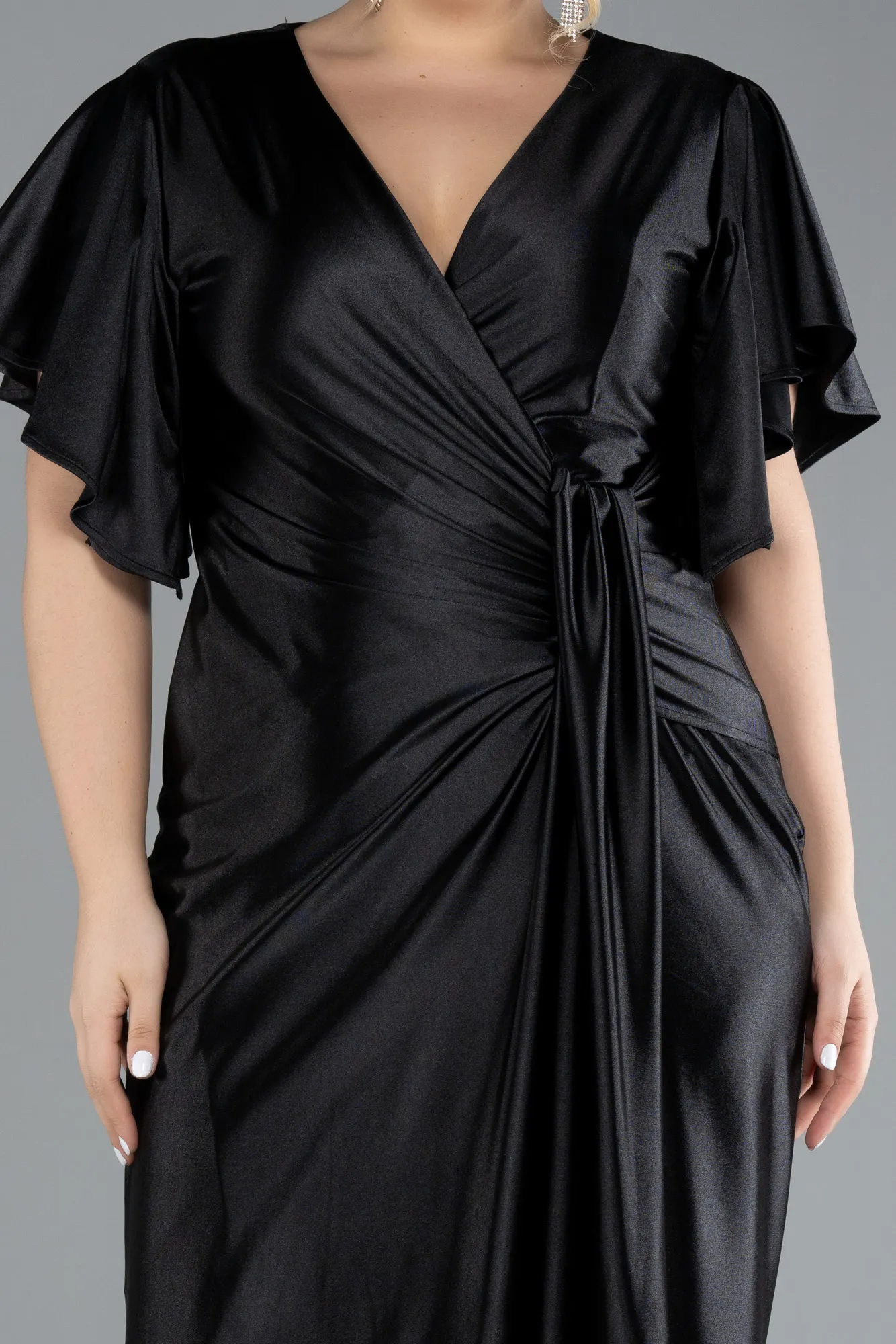 Black-Short Sleeve Slit Long Satin Plus Size Evening Dress ABU4349