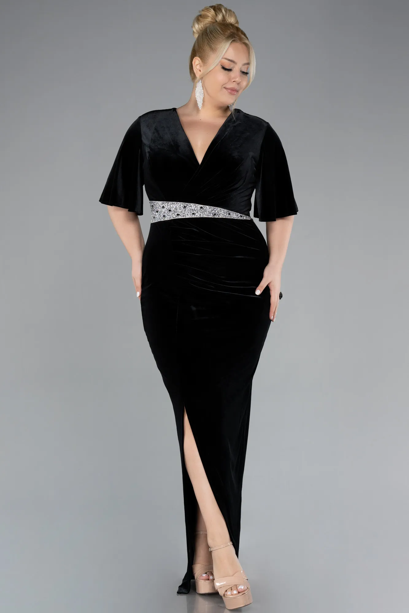 Black-Short Sleeve Slit Long Velvet Plus Size Evening Dress ABU4316