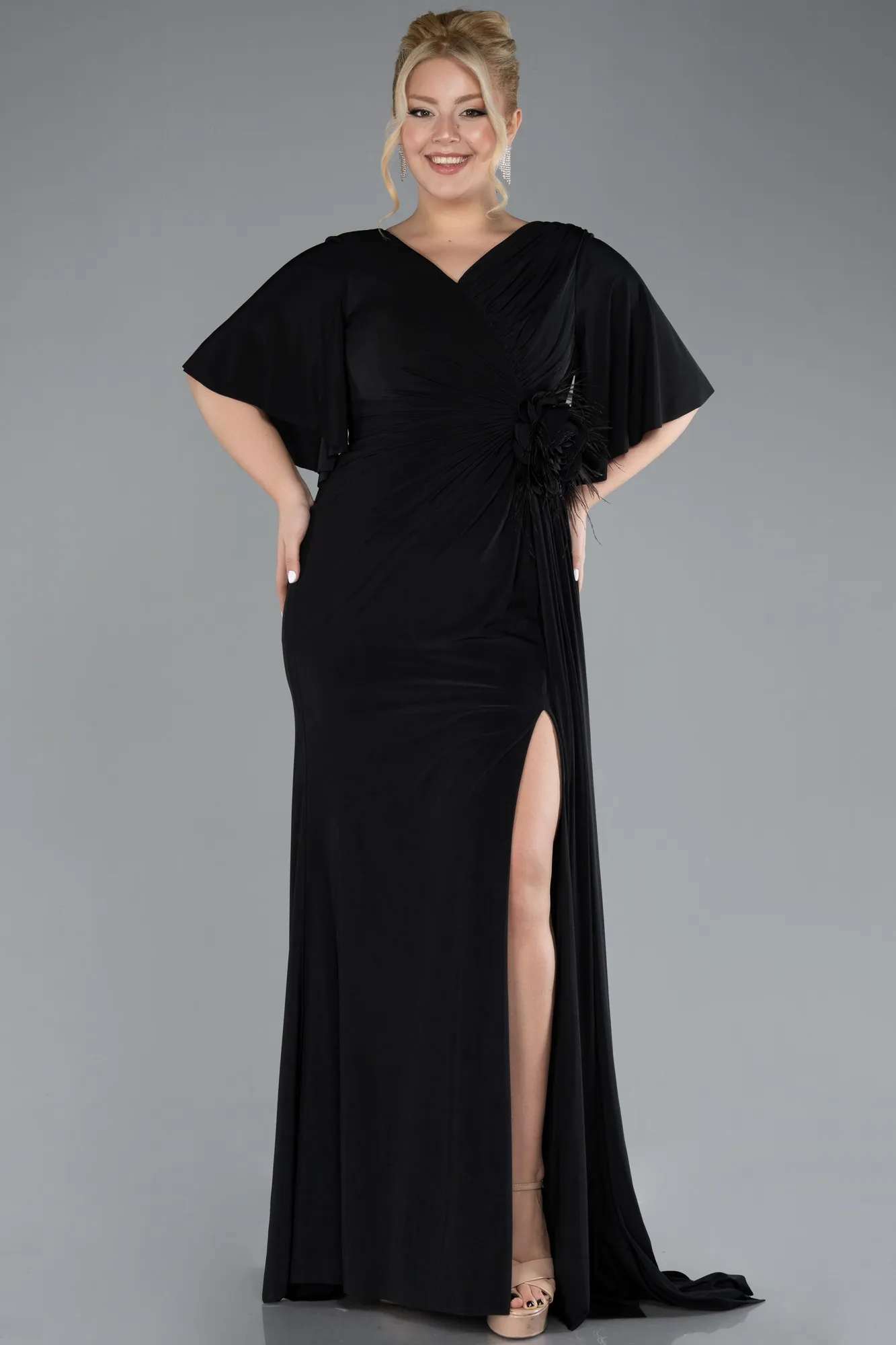 Black-Short Sleeve Slit Plus Size Evening Gown ABU4391