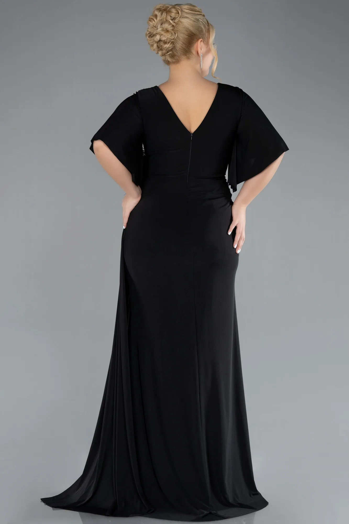 Black-Short Sleeve Slit Plus Size Evening Gown ABU4391