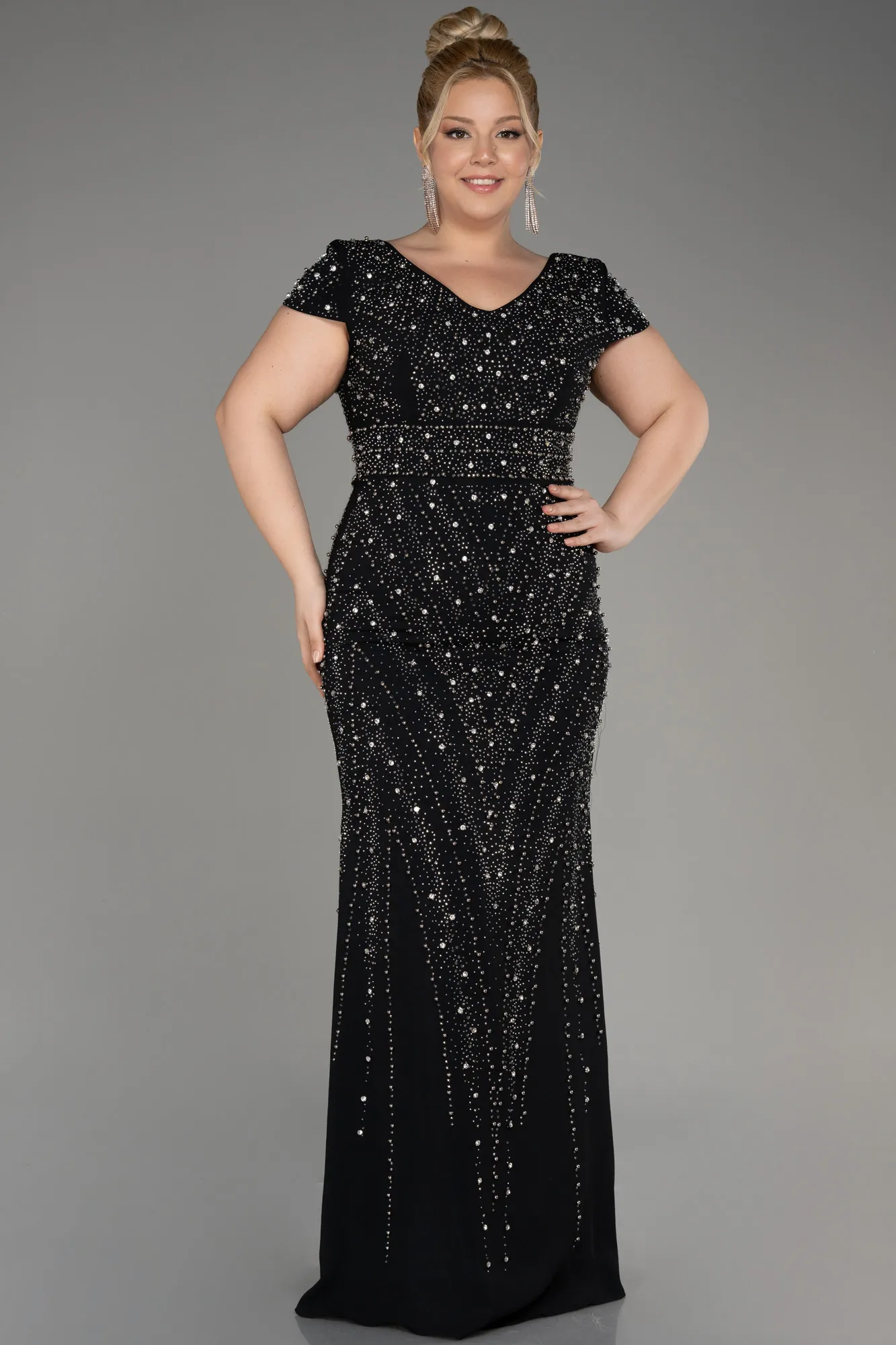 Black-Short Sleeve Stone Long Plus Size Evening Gown ABU3990