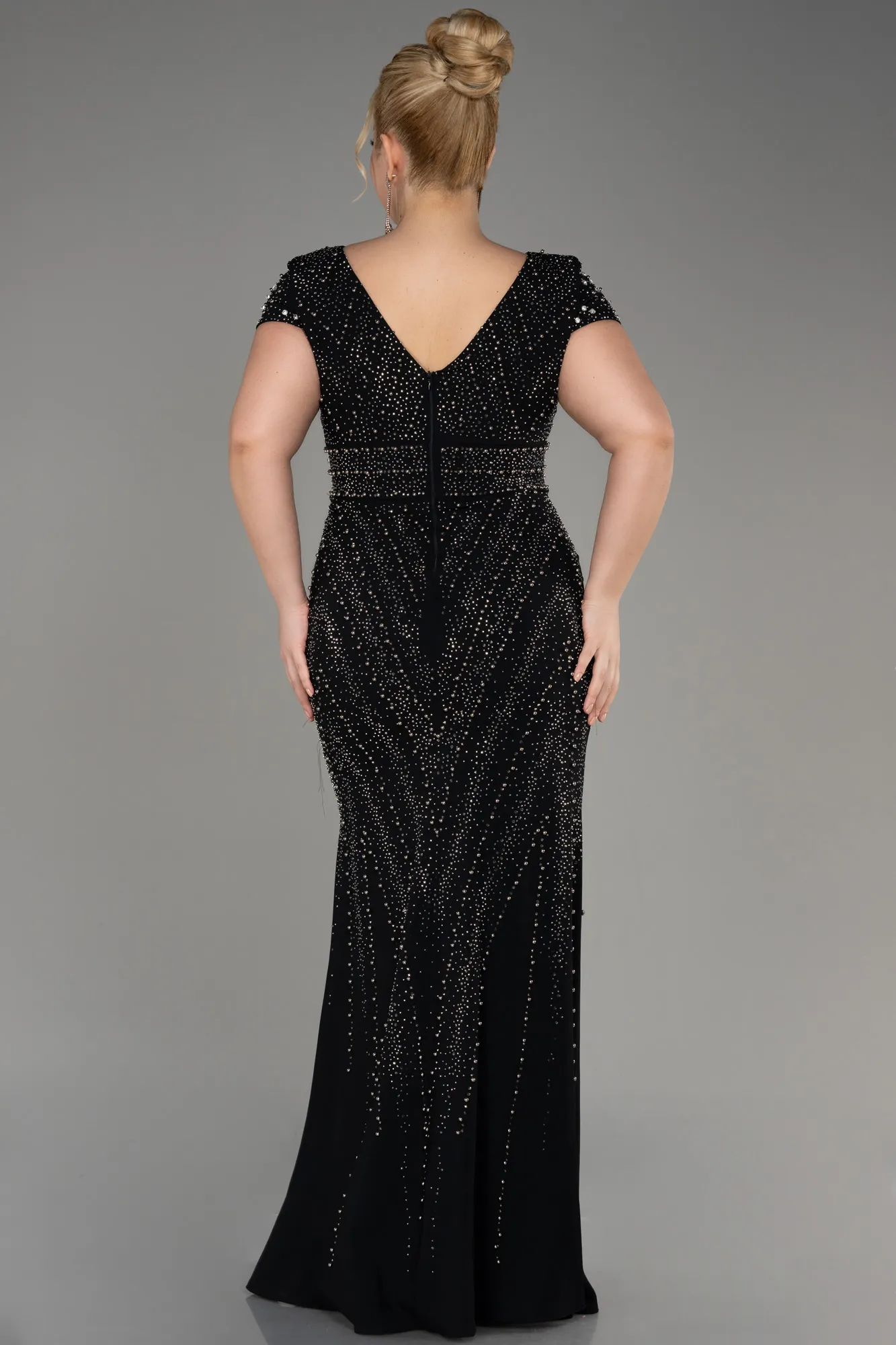 Black-Short Sleeve Stone Long Plus Size Evening Gown ABU3990