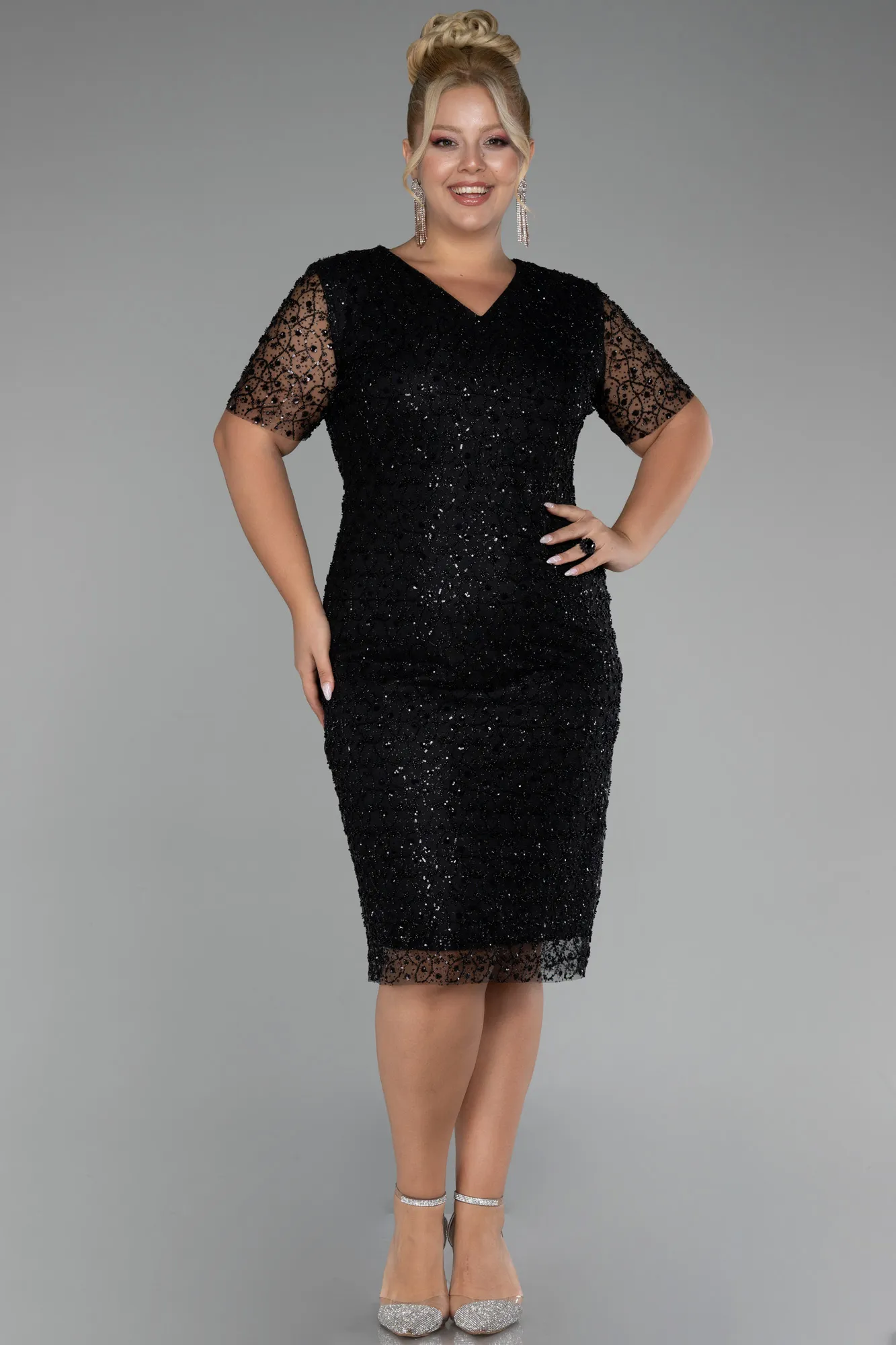 Black-Short Sleeve Stone Midi Plus Size Evening Dress ABK2116