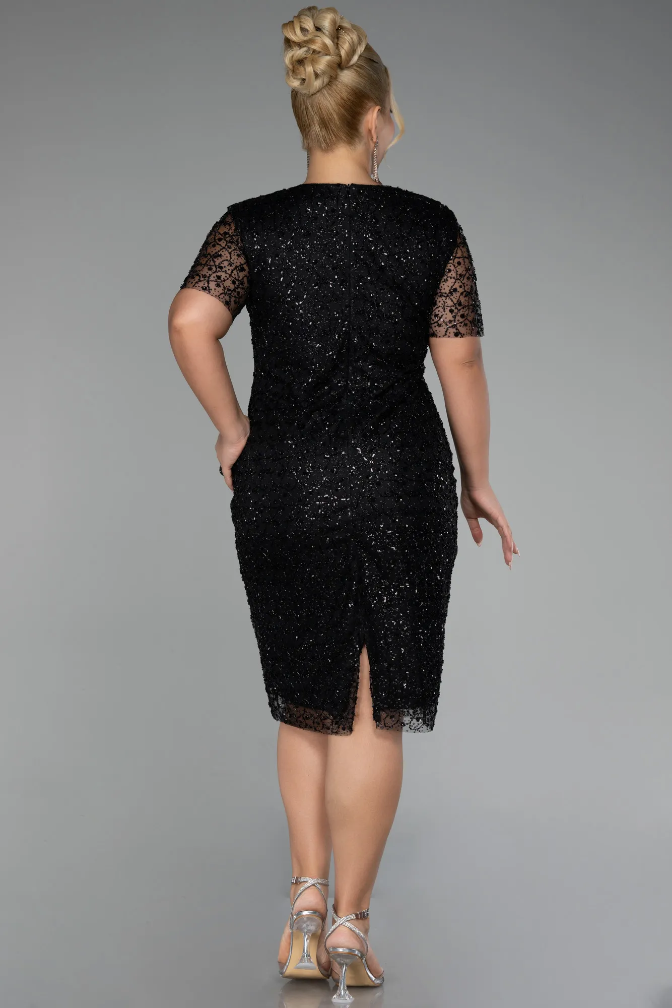 Black-Short Sleeve Stone Midi Plus Size Evening Dress ABK2116