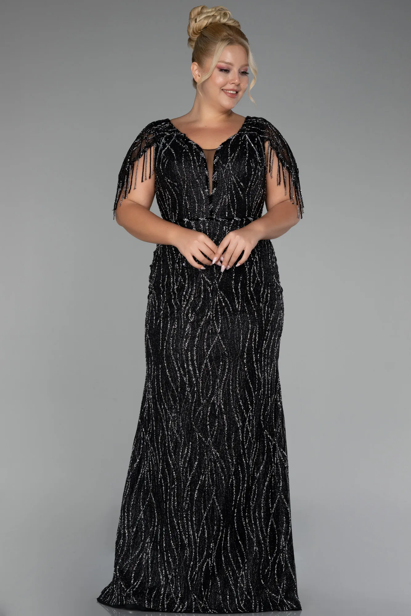 Black-Short Sleeve Stony Long Plus Size Special Design Evening Dress ABU4146