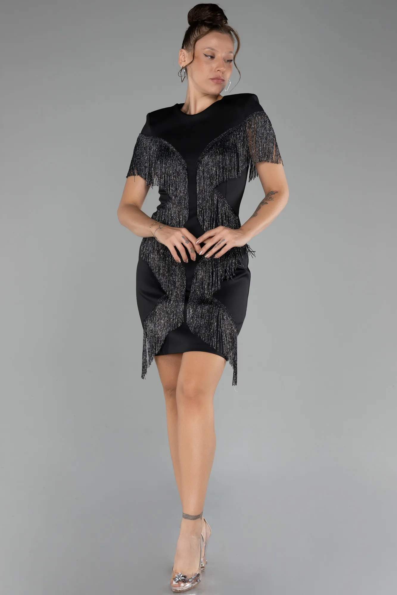 Black-Short Sleeve Tasseled Invitation Dress ABK2150