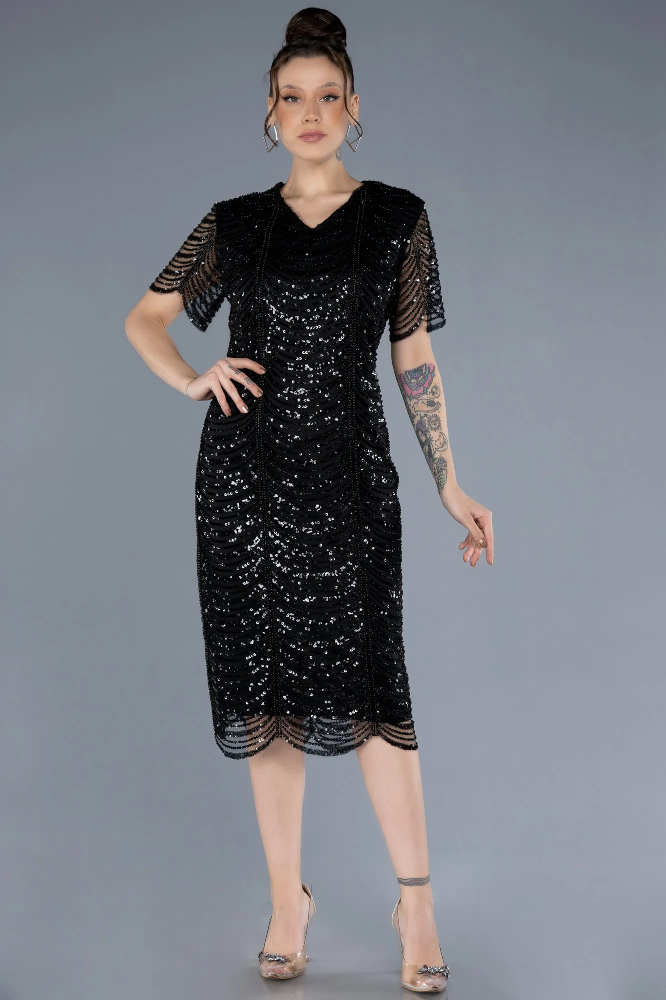 Black-Short Sleeve V Neck Beaded Plus Size Evening Gown ABK2230