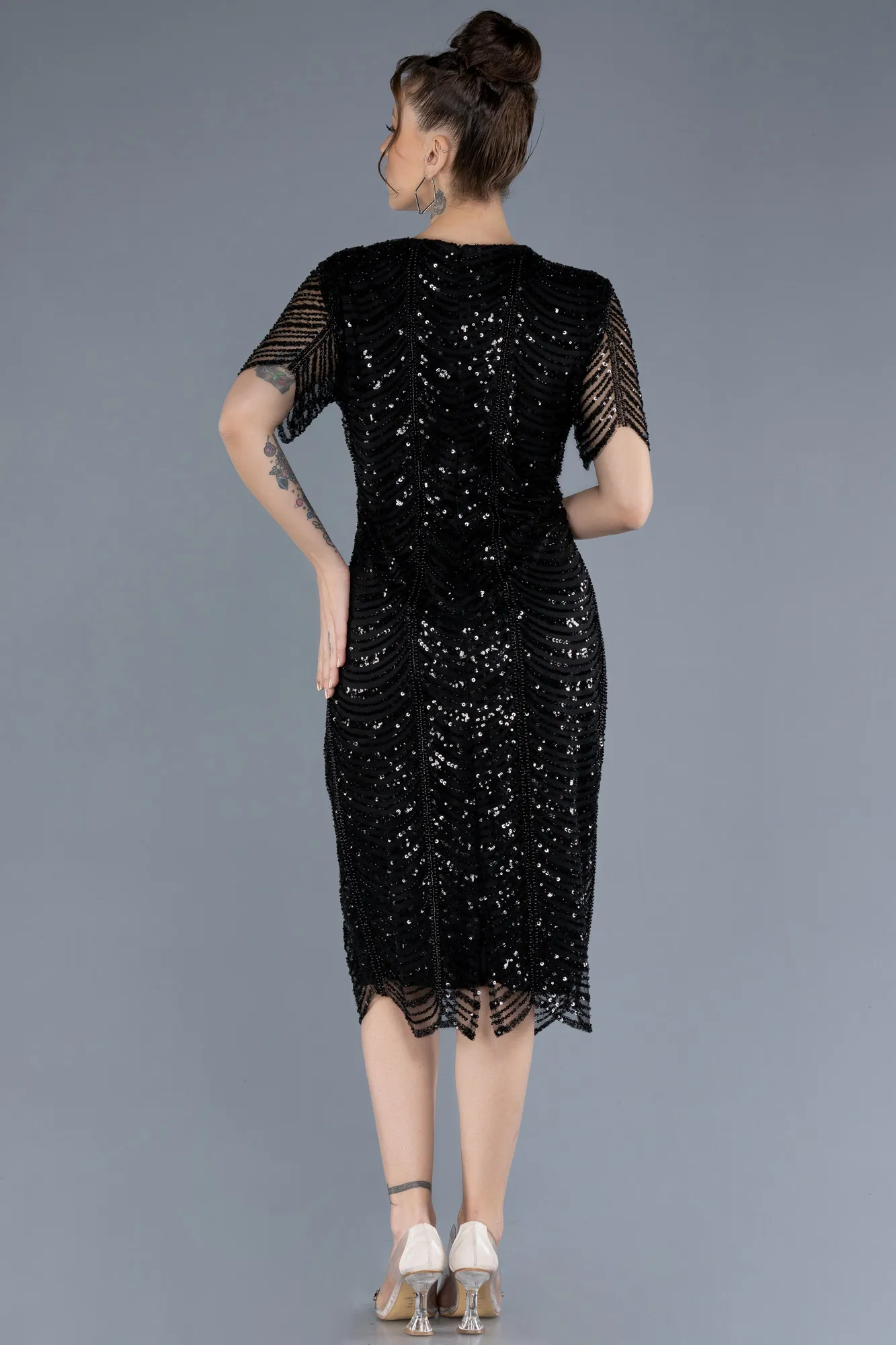 Black-Short Sleeve V Neck Beaded Plus Size Evening Gown ABK2230