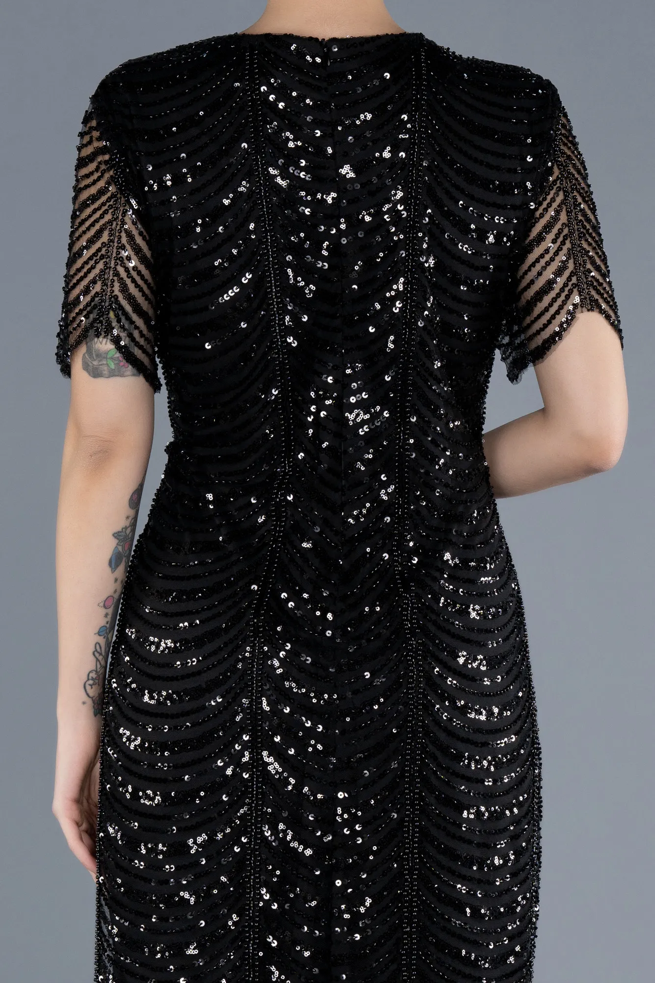 Black-Short Sleeve V Neck Beaded Plus Size Evening Gown ABK2230