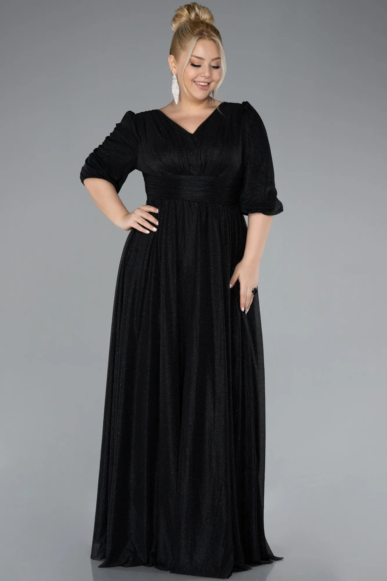 Black-Short Sleeve V-Neck Long Glitter Evening Dress ABU4275