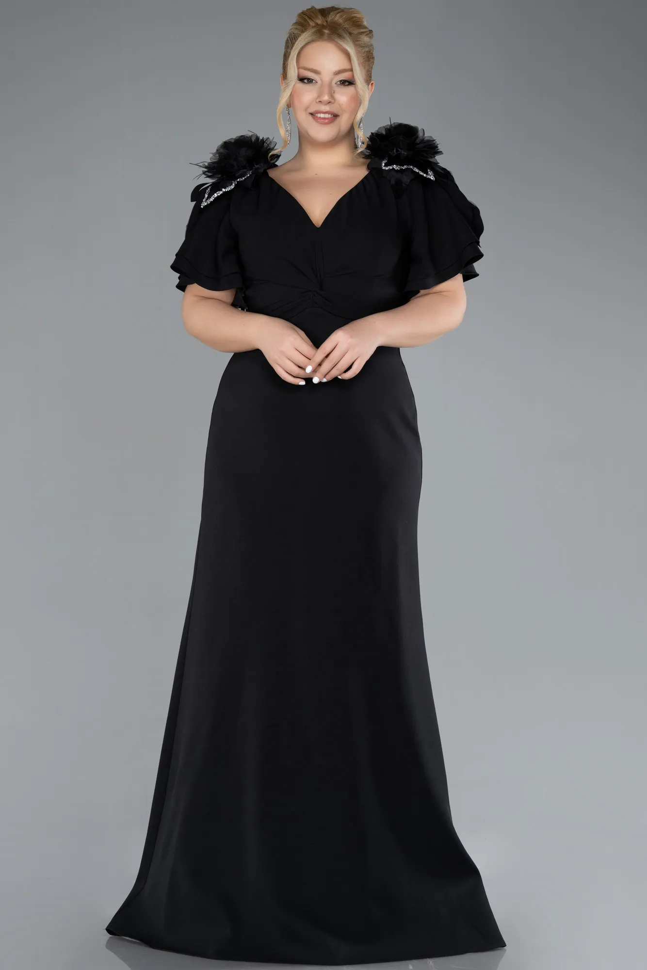 Black-Short Sleeve V Neck Long Plus Size Evening Dress ABU4353