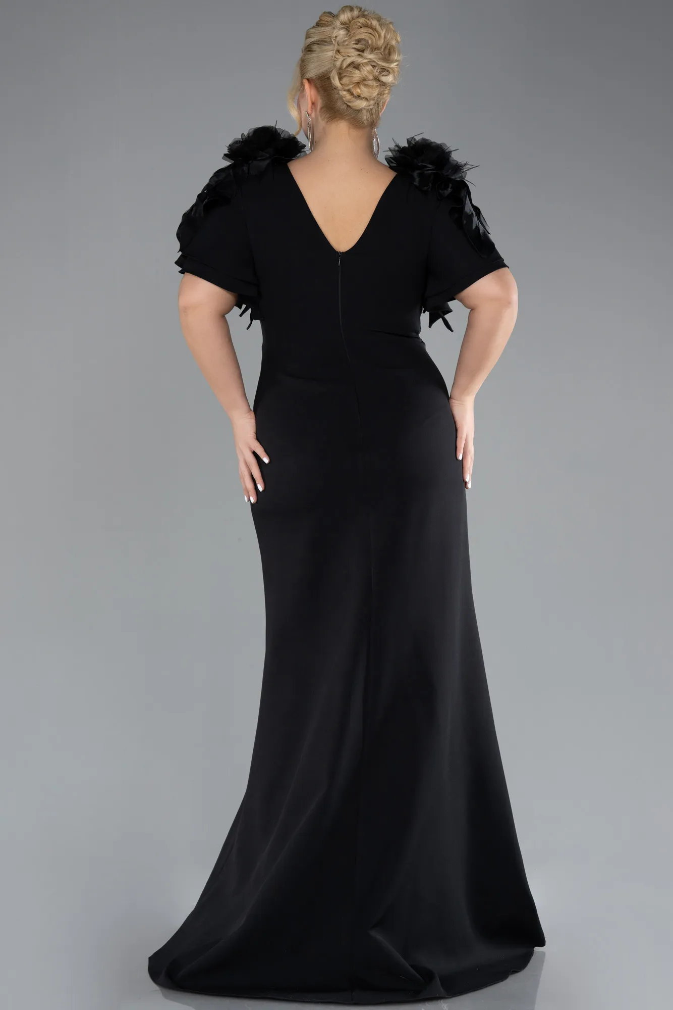 Black-Short Sleeve V Neck Long Plus Size Evening Dress ABU4353