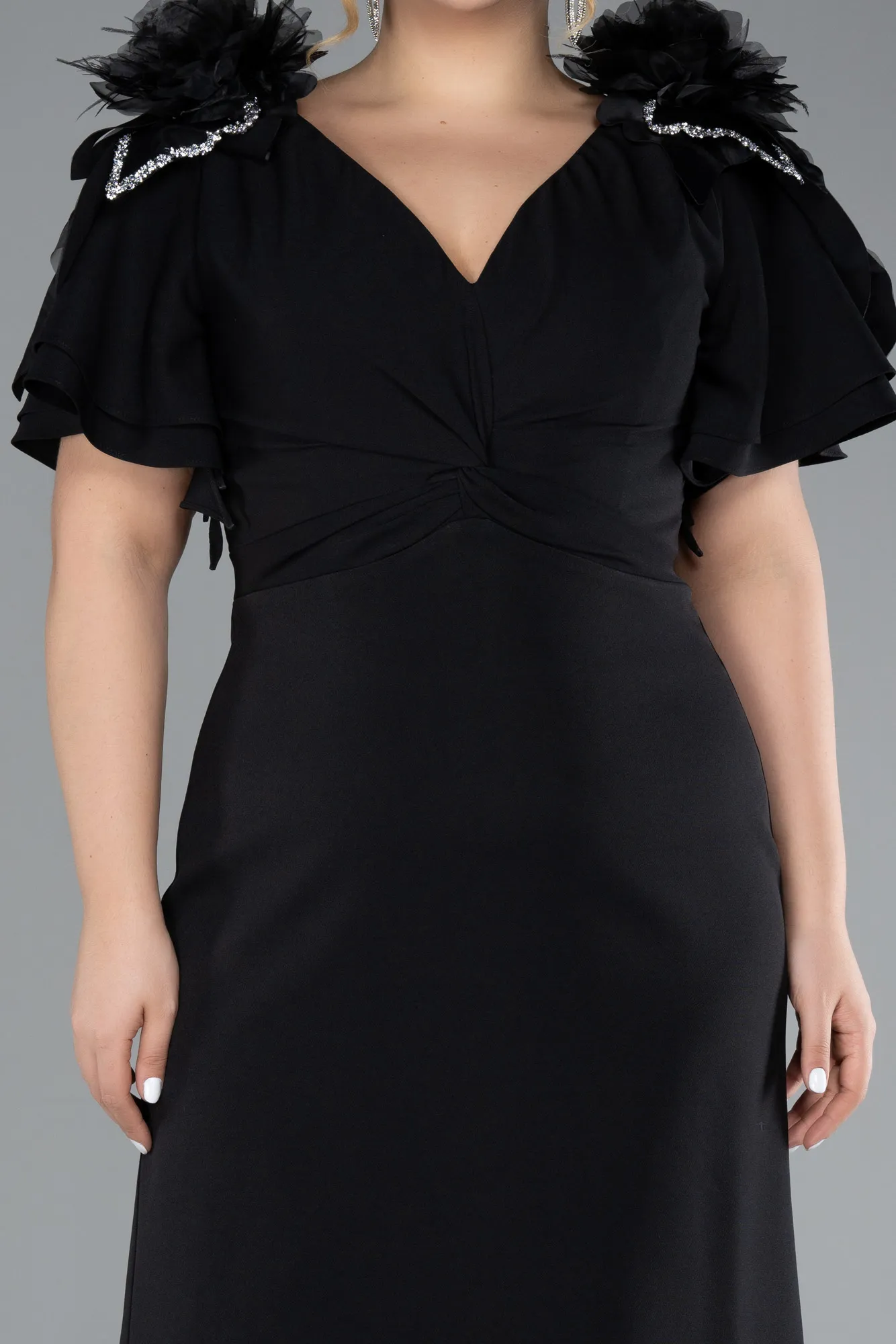 Black-Short Sleeve V Neck Long Plus Size Evening Dress ABU4353