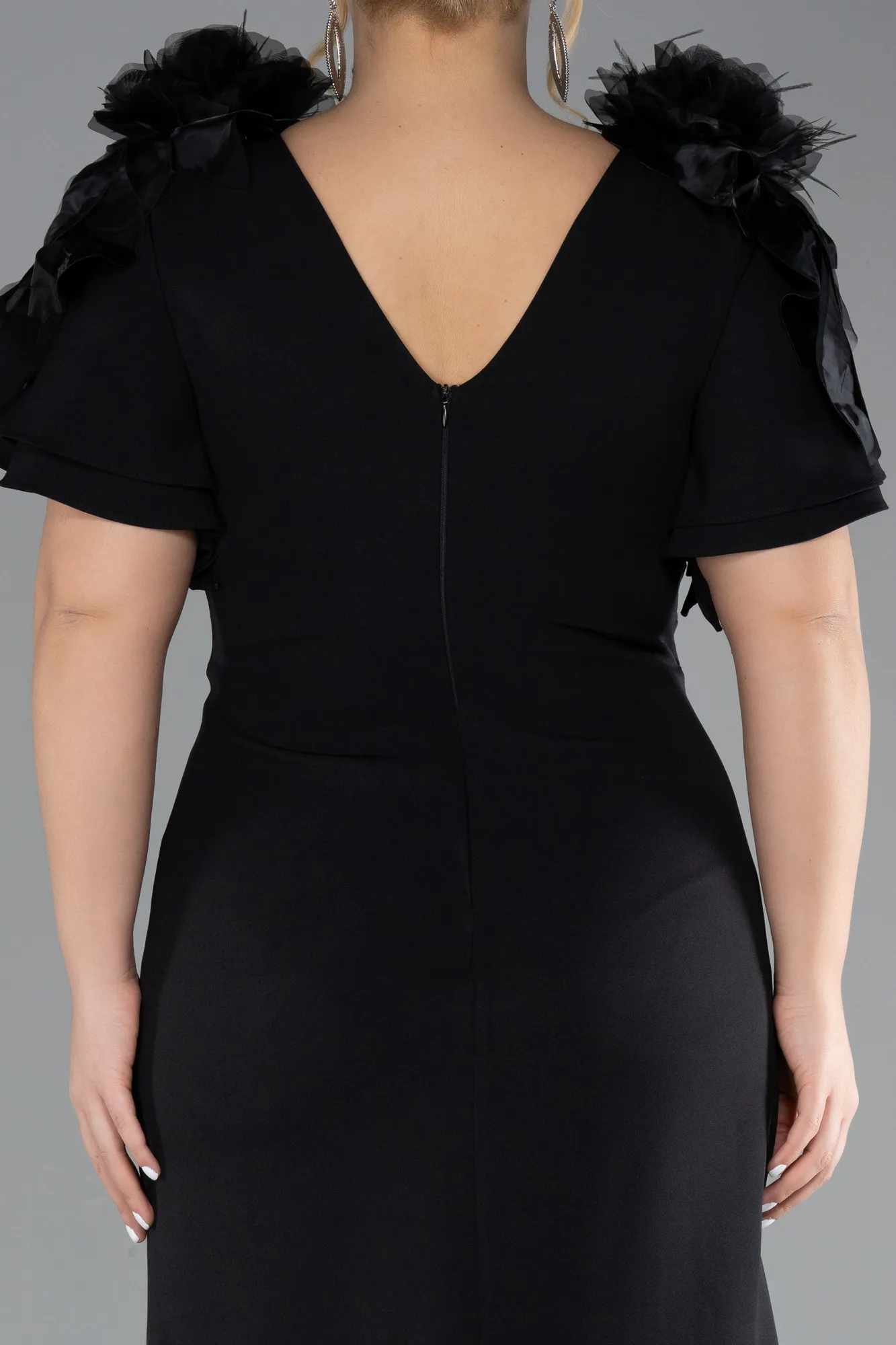 Black-Short Sleeve V Neck Long Plus Size Evening Dress ABU4353