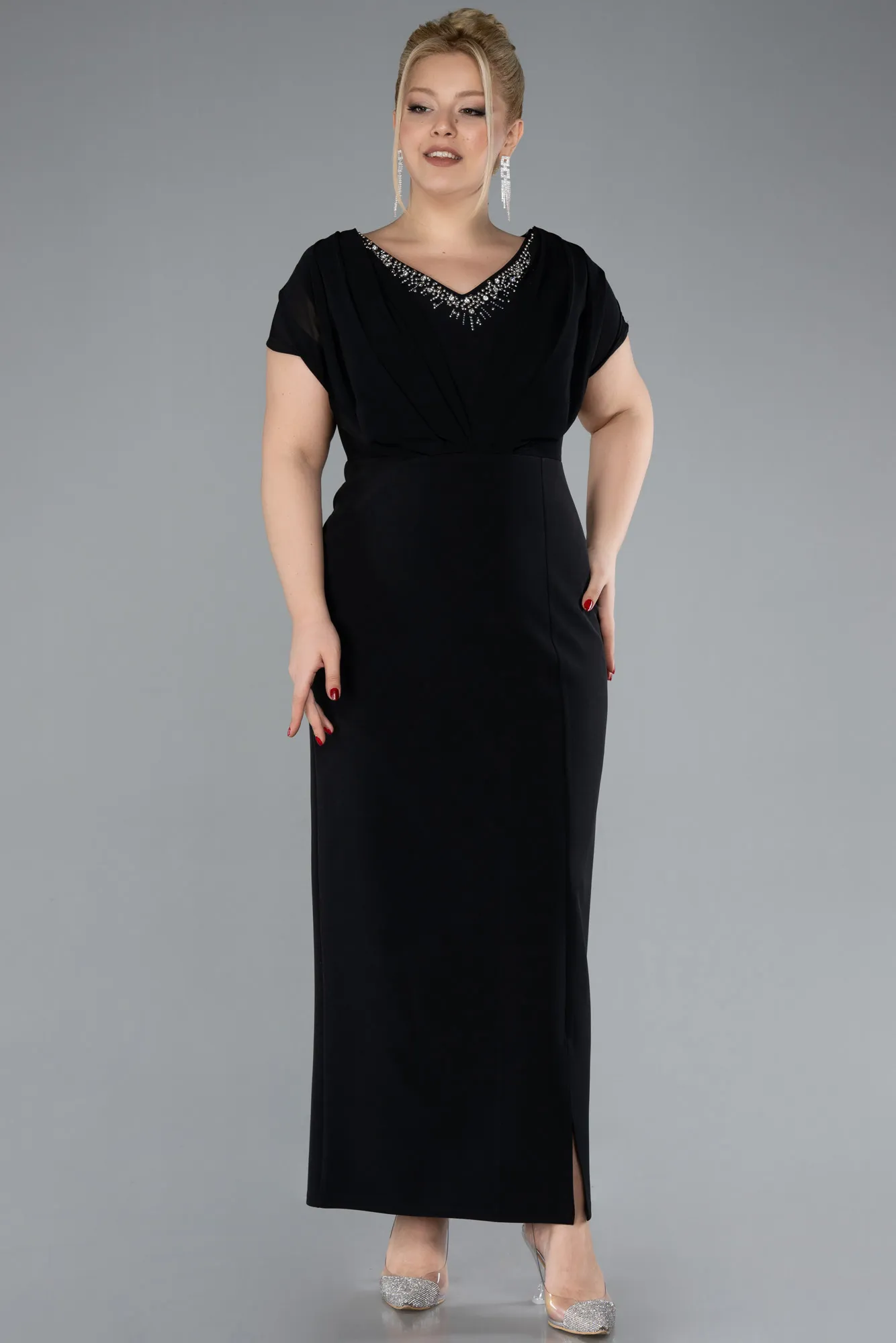 Black-Short Sleeve V Neck Midi Plus Size Evening Dress ABK2191