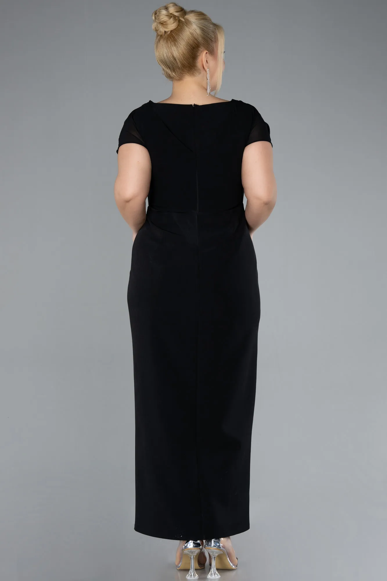 Black-Short Sleeve V Neck Midi Plus Size Evening Dress ABK2191