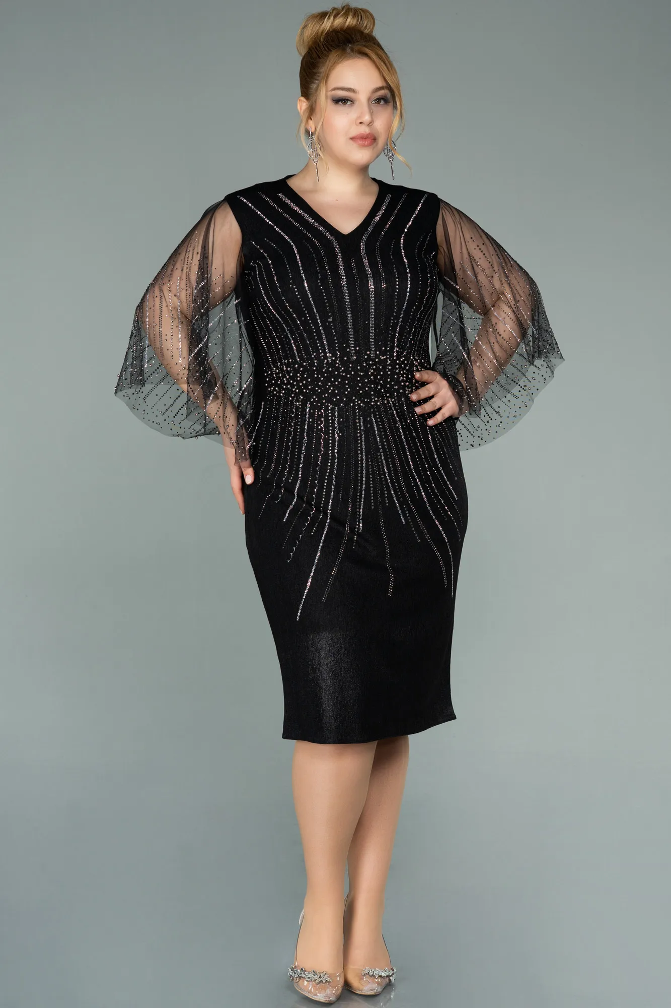 Black-Short Stony Plus Size Evening Dress ABK1293