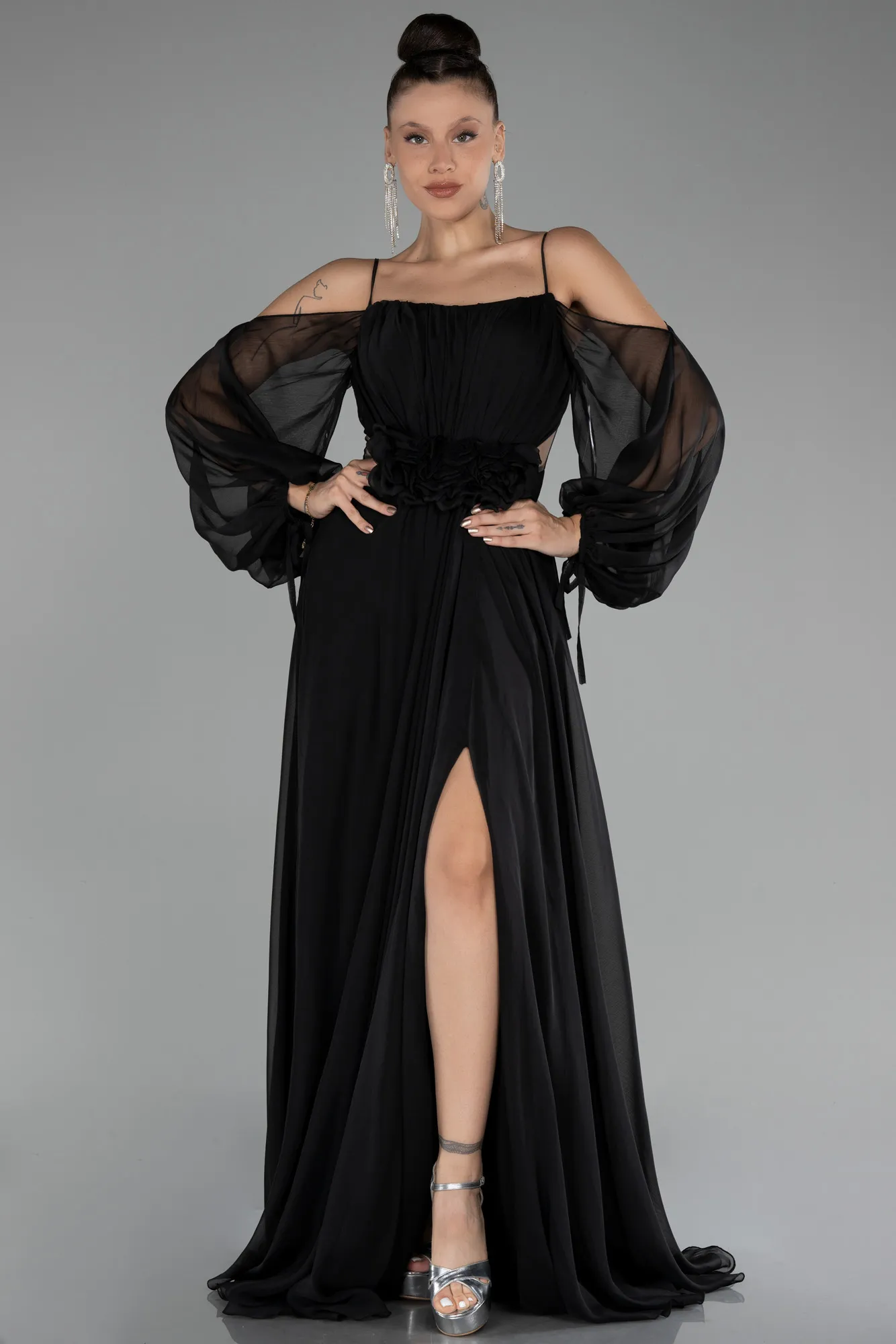 Black-Shoulder Decollete Long Sleeve Chiffon Prom Dress ABU4165