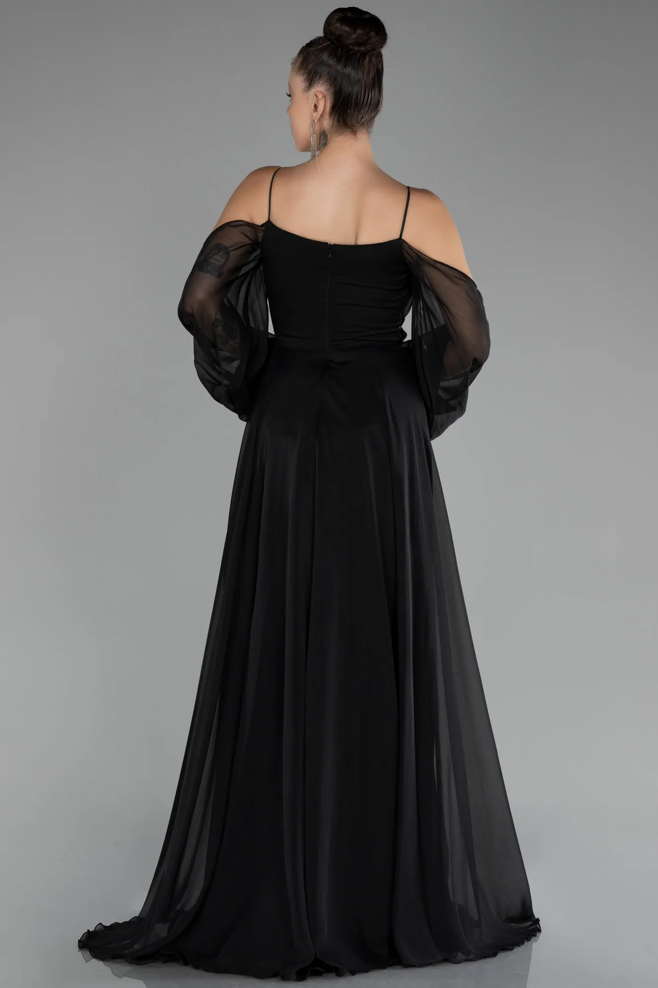 Black-Shoulder Decollete Long Sleeve Chiffon Prom Dress ABU4165