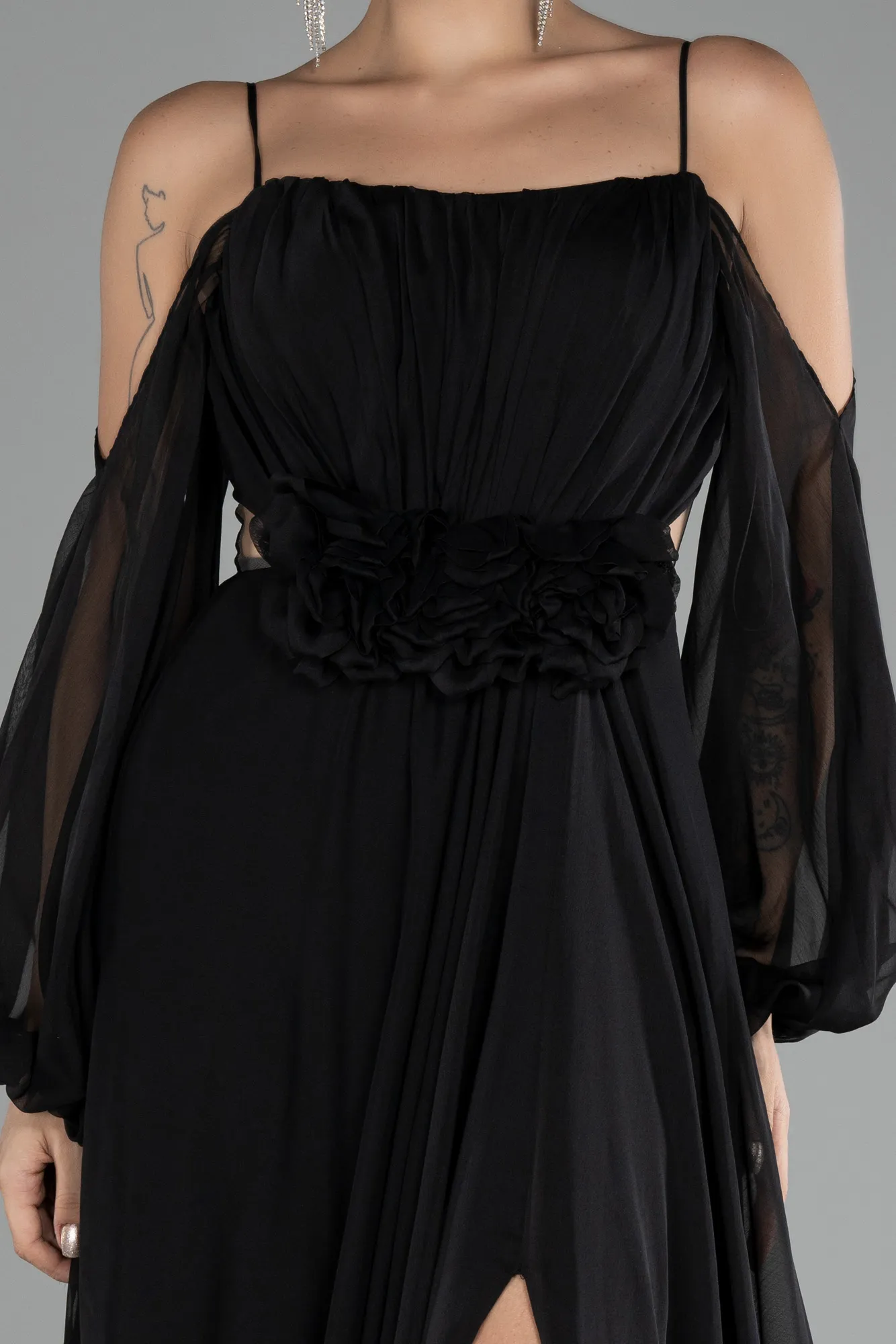 Black-Shoulder Decollete Long Sleeve Chiffon Prom Dress ABU4165