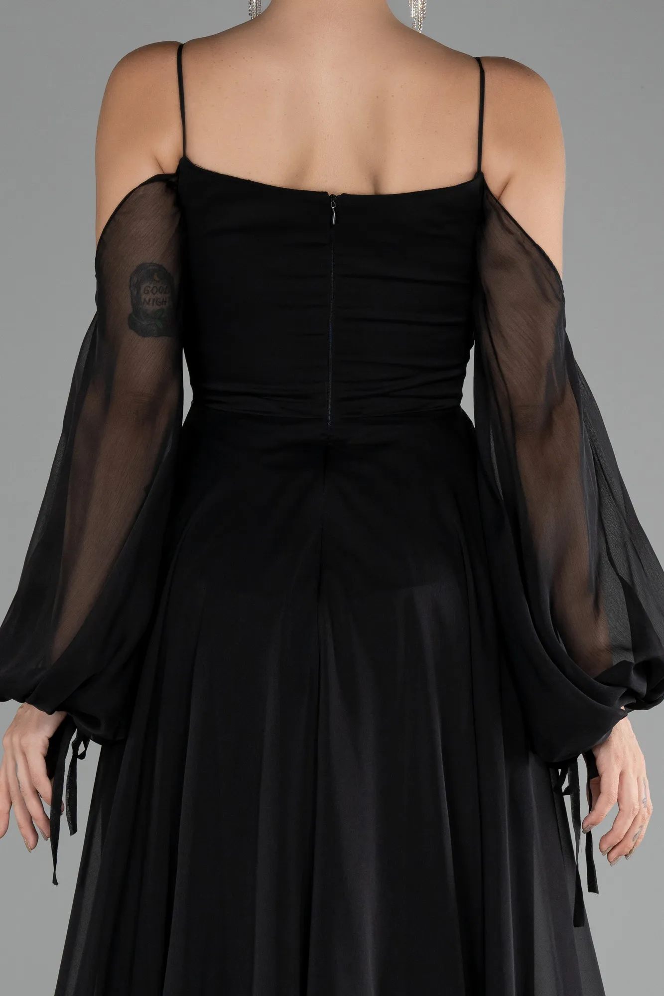 Black-Shoulder Decollete Long Sleeve Chiffon Prom Dress ABU4165