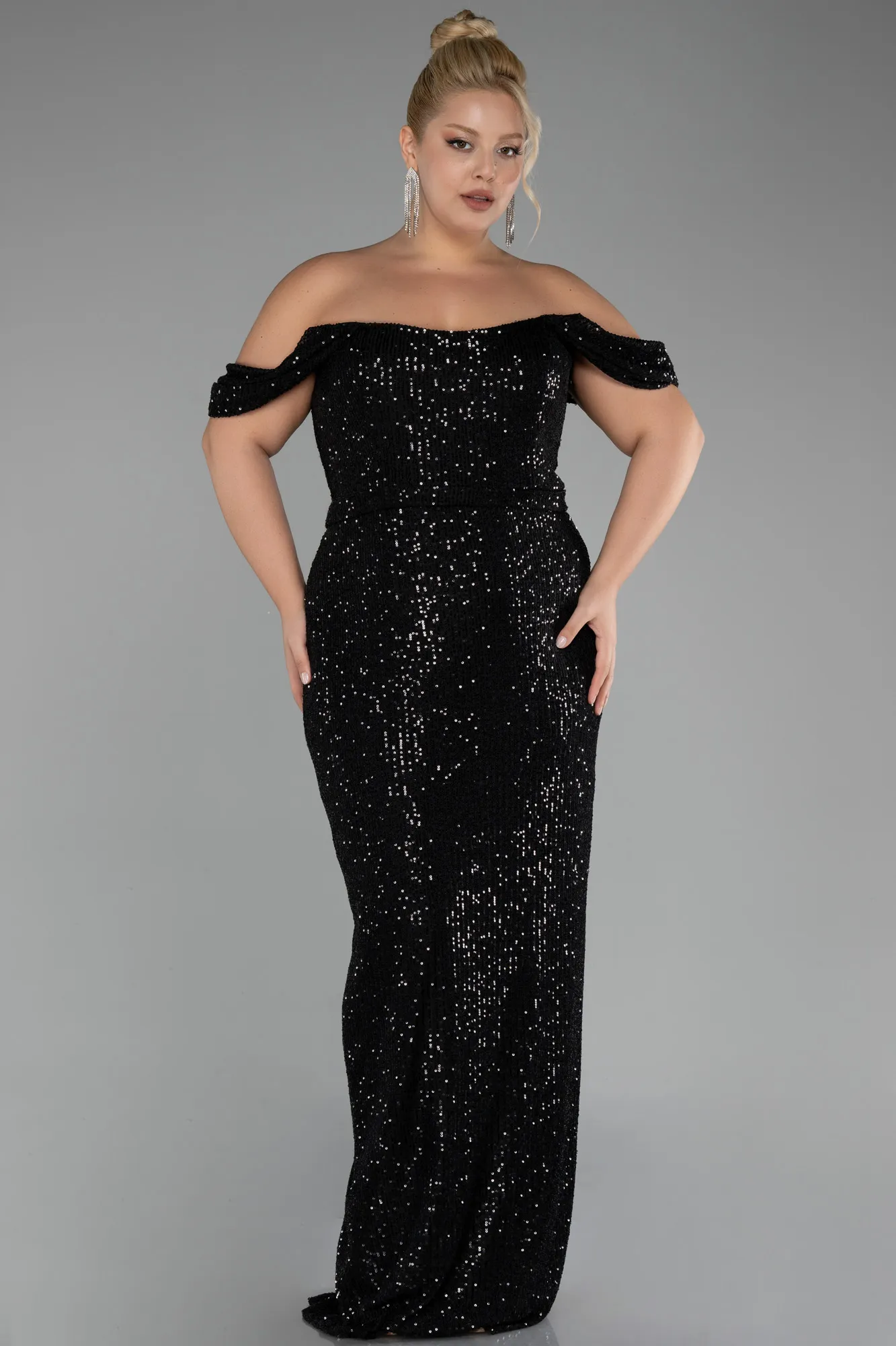 Black-Shoulder Low Cut Long Sequin Plus Size Evening Dress ABU3919