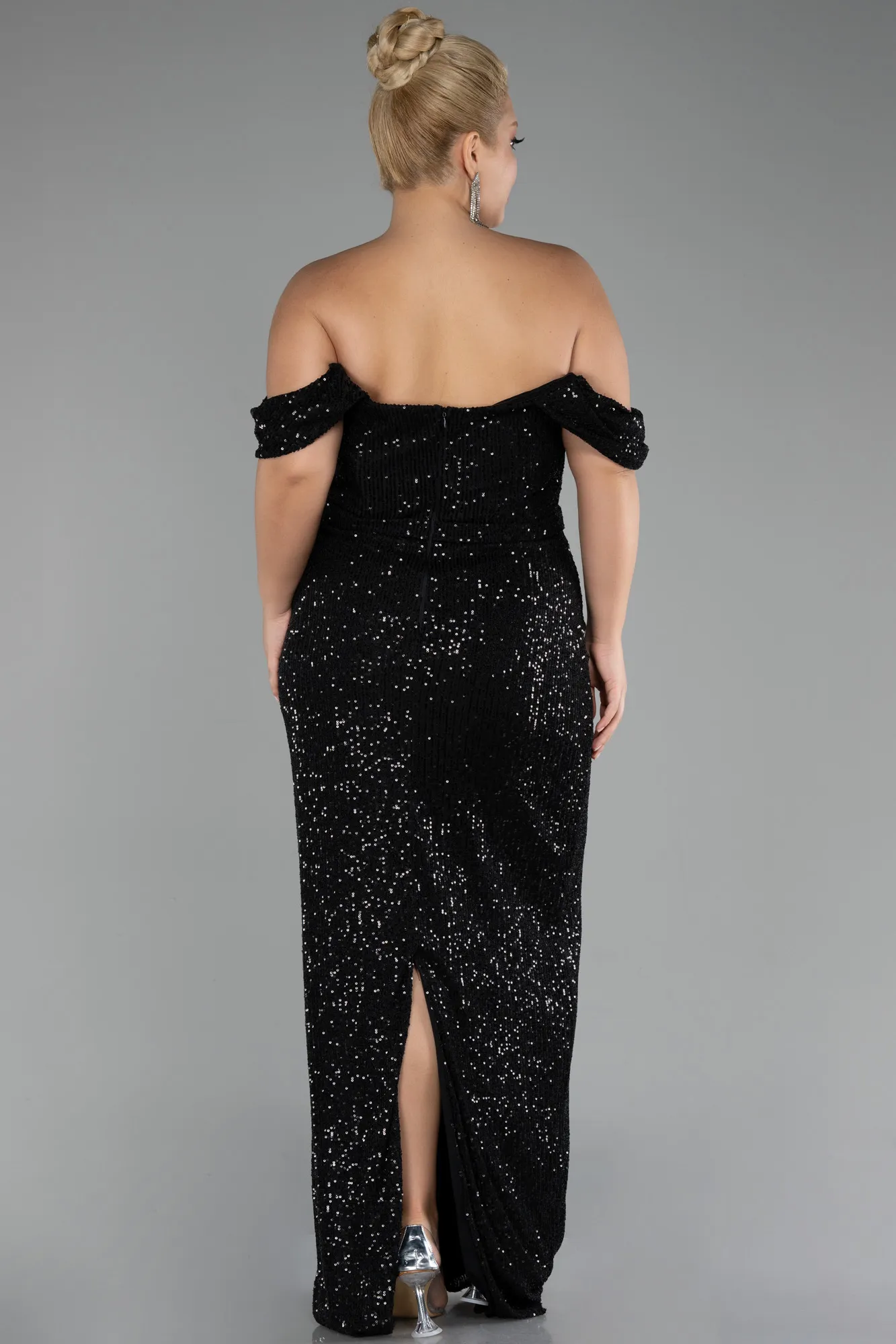 Black-Shoulder Low Cut Long Sequin Plus Size Evening Dress ABU3919