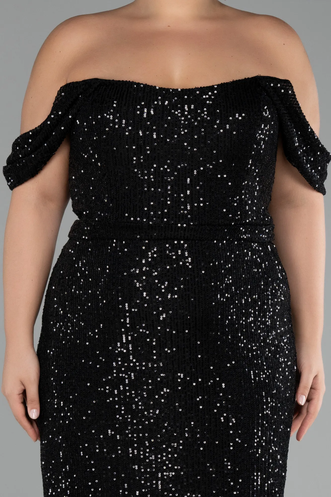 Black-Shoulder Low Cut Long Sequin Plus Size Evening Dress ABU3919