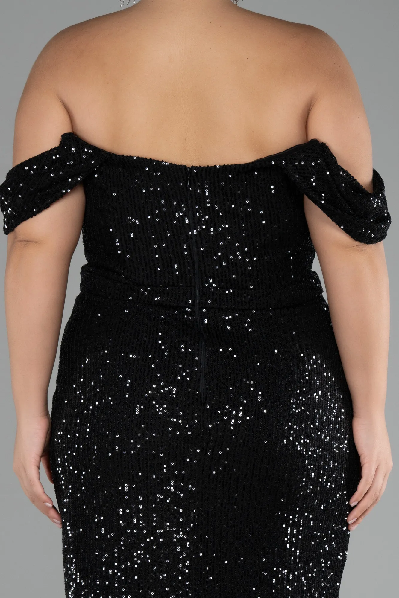 Black-Shoulder Low Cut Long Sequin Plus Size Evening Dress ABU3919