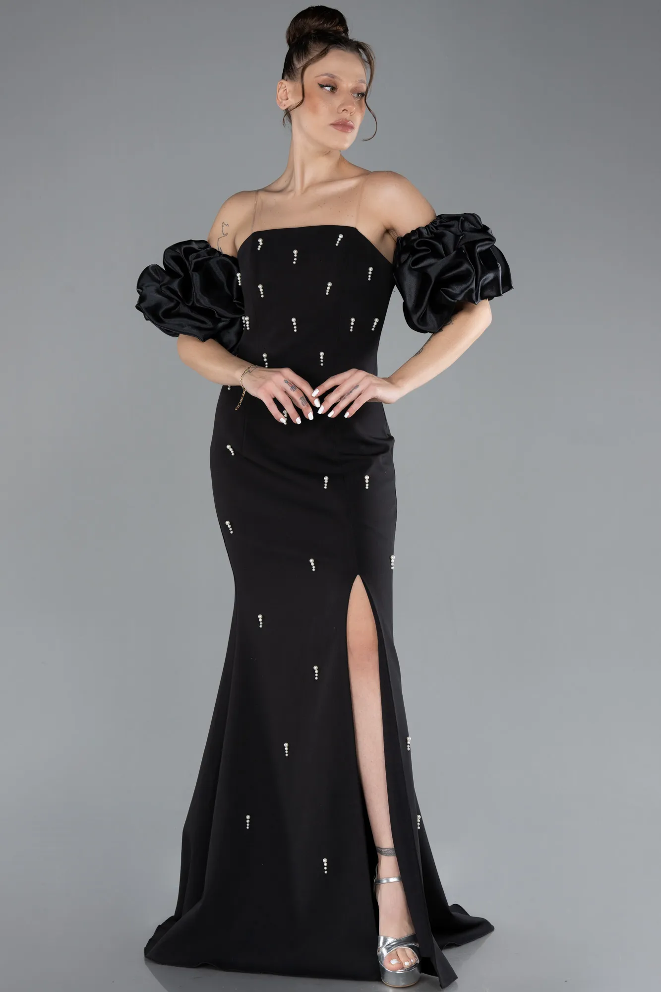 Black-Sleeve Detail Slits Strapless Long Evening Gown ABU4472