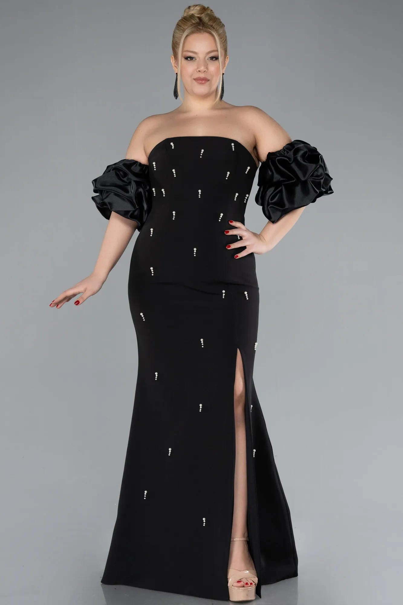 Black-Sleeve Detail Slits Strapless Long Plus Size Evening Gown ABU4474