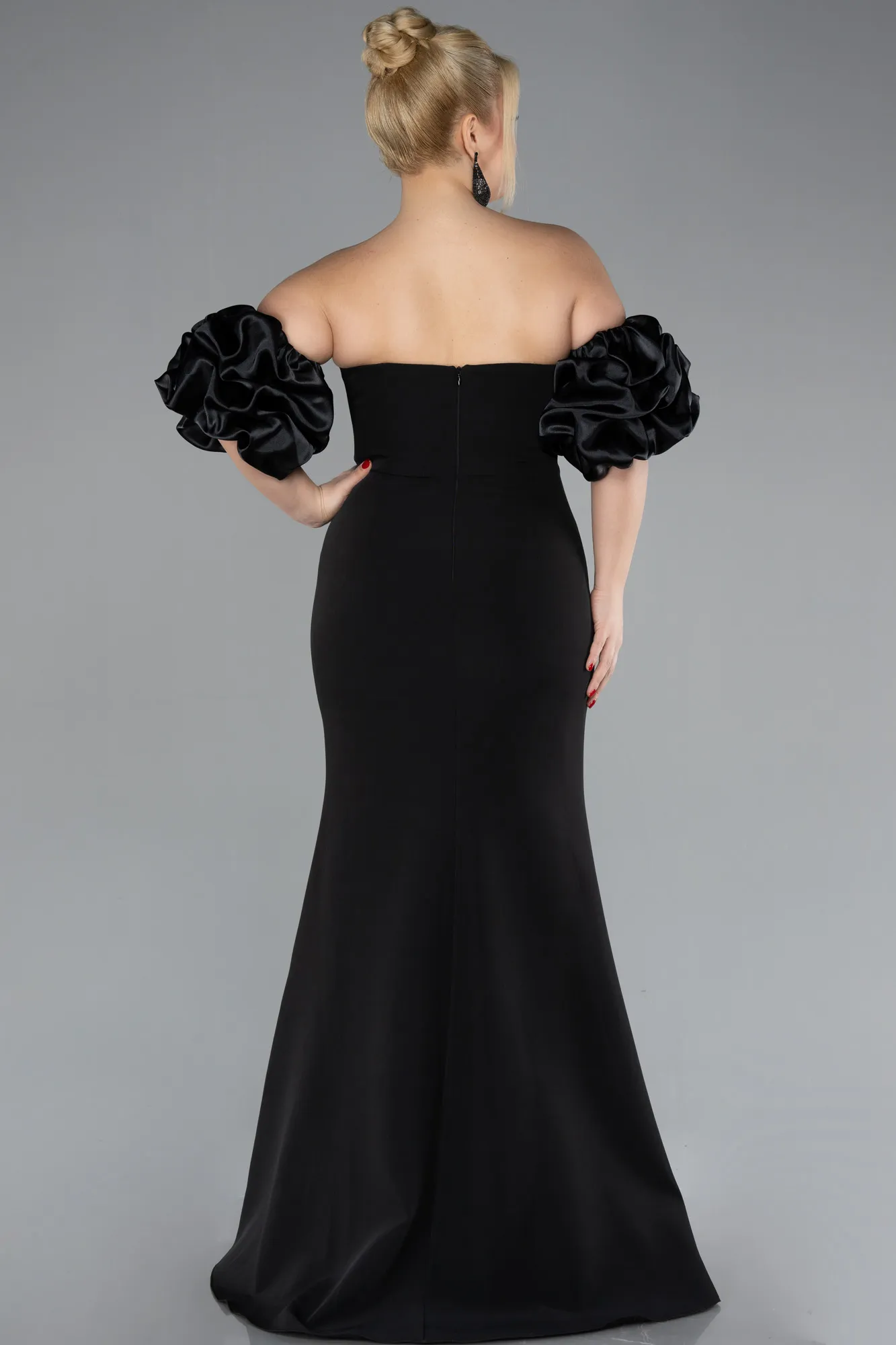 Black-Sleeve Detail Slits Strapless Long Plus Size Evening Gown ABU4474