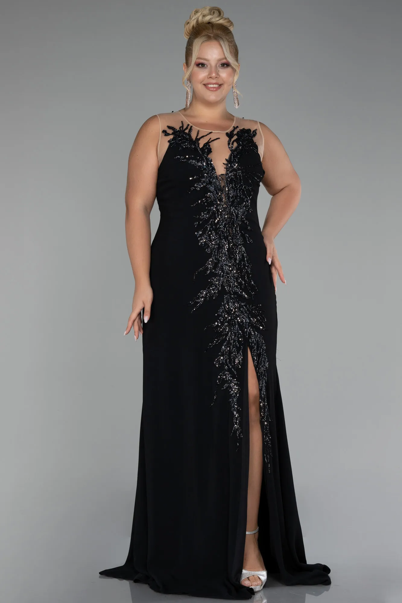 Black-Sleeveless Embroidered Slit Long Plus Size Evening Gown ABU4099