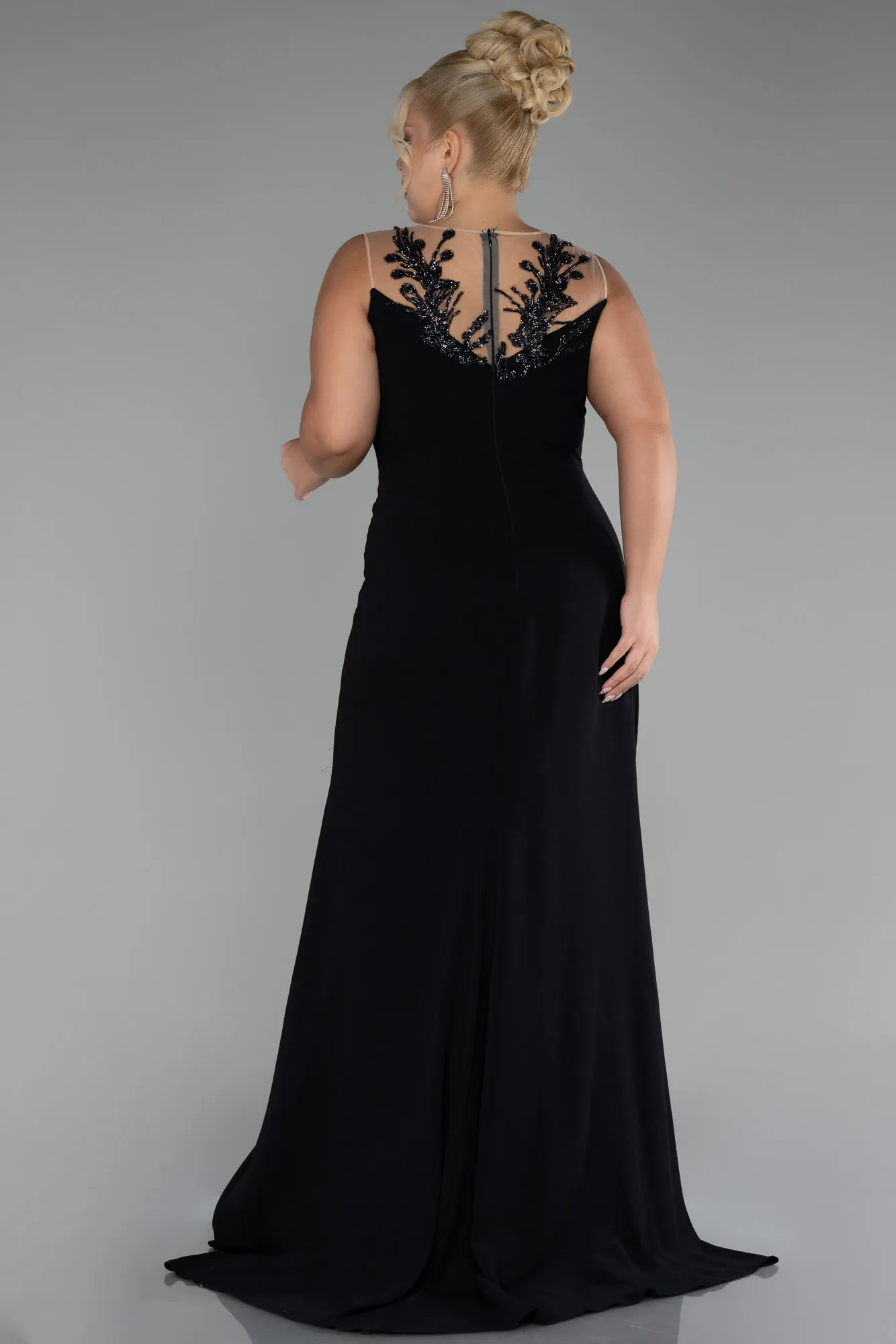 Black-Sleeveless Embroidered Slit Long Plus Size Evening Gown ABU4099