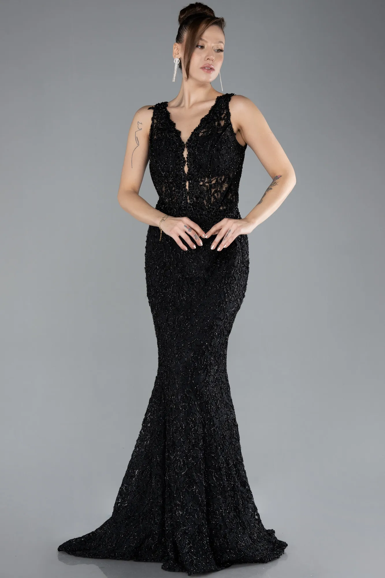 Black-Sleeveless Laced Long Mermaid Prom Gown ABU4493