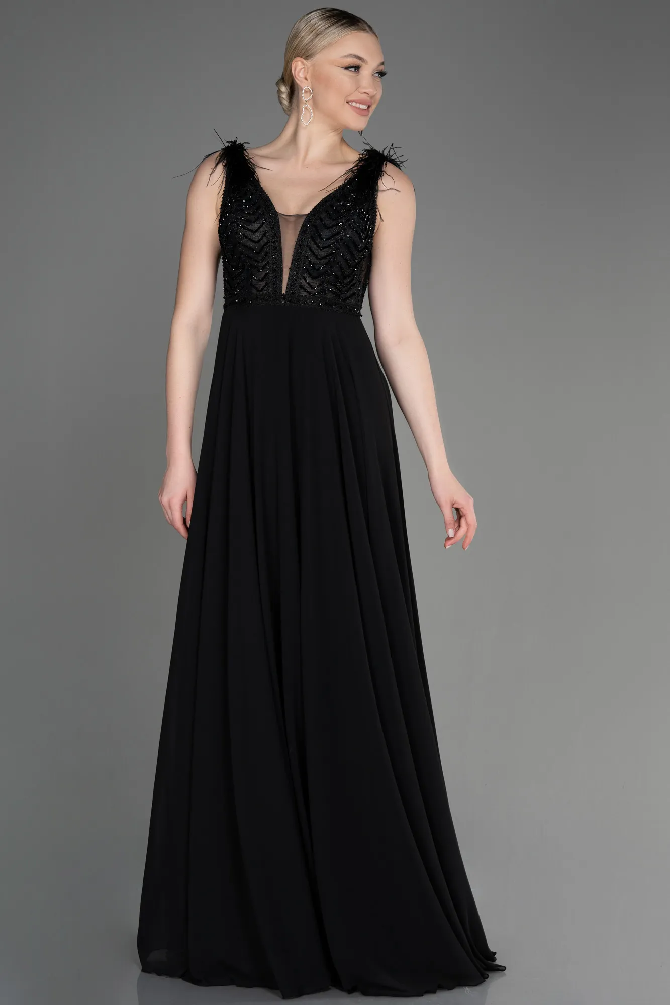 Black-Sleeveless Long Chiffon Evening Dress ABU3856