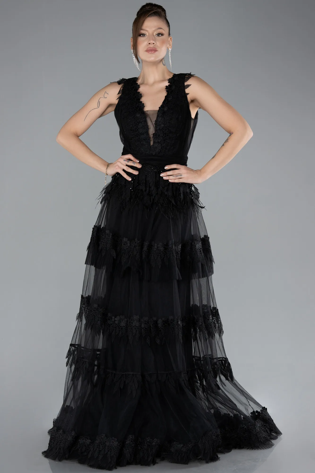 Black-Sleeveless Long Tulle Prom Dress ABU4520