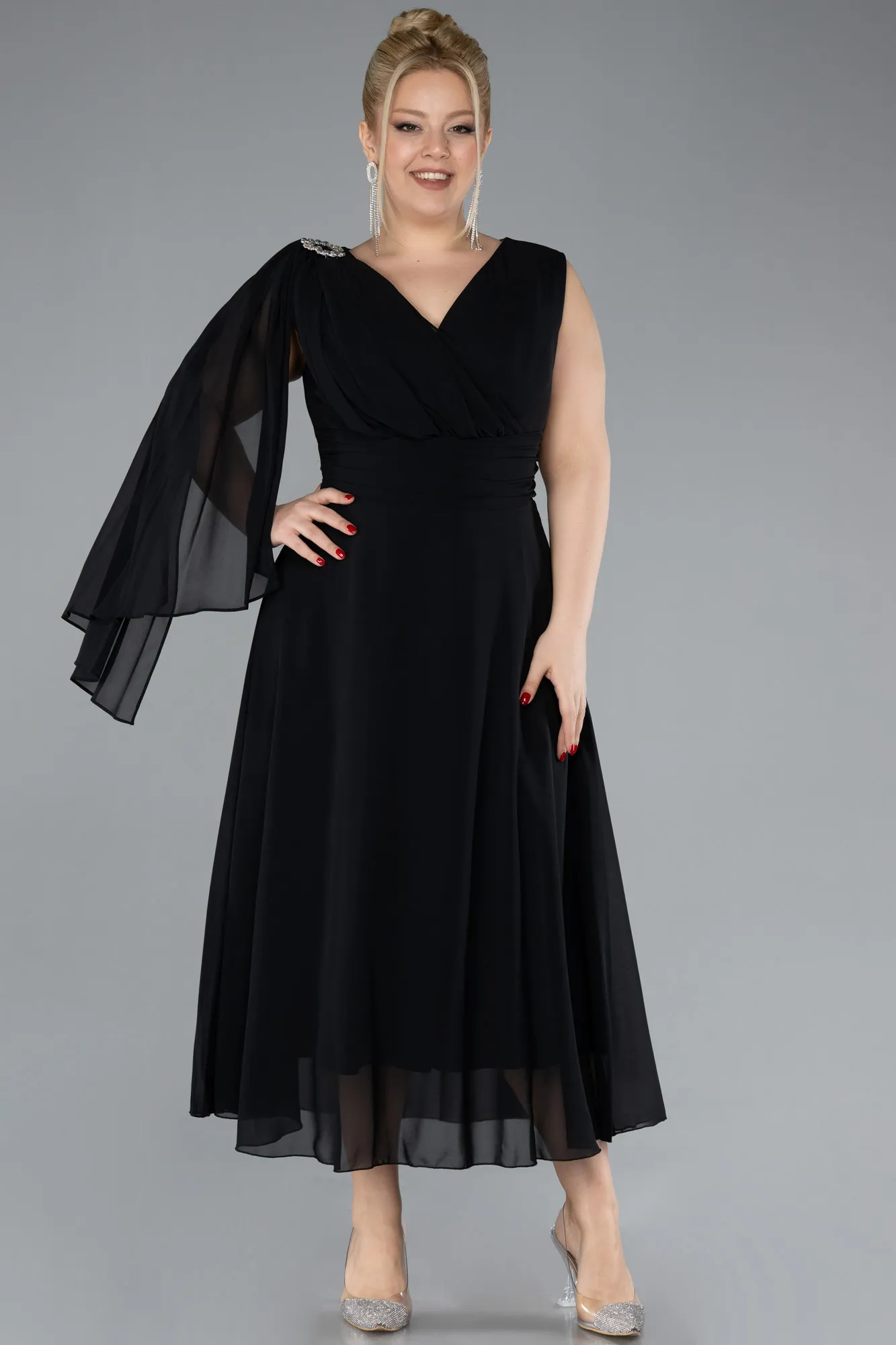 Black-Sleeveless Midi Chiffon Plus Size Party Dress ABK2195