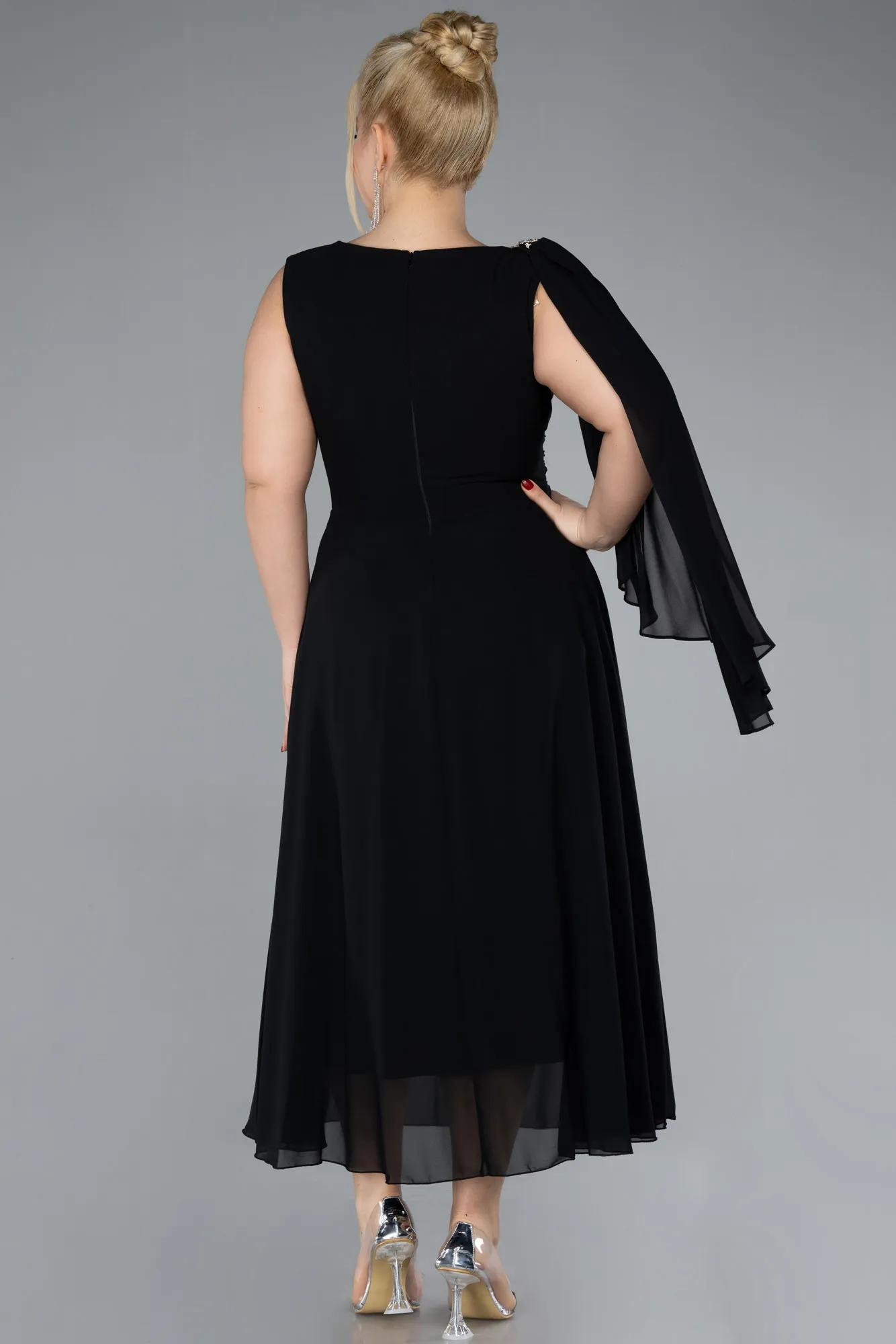 Black-Sleeveless Midi Chiffon Plus Size Party Dress ABK2195