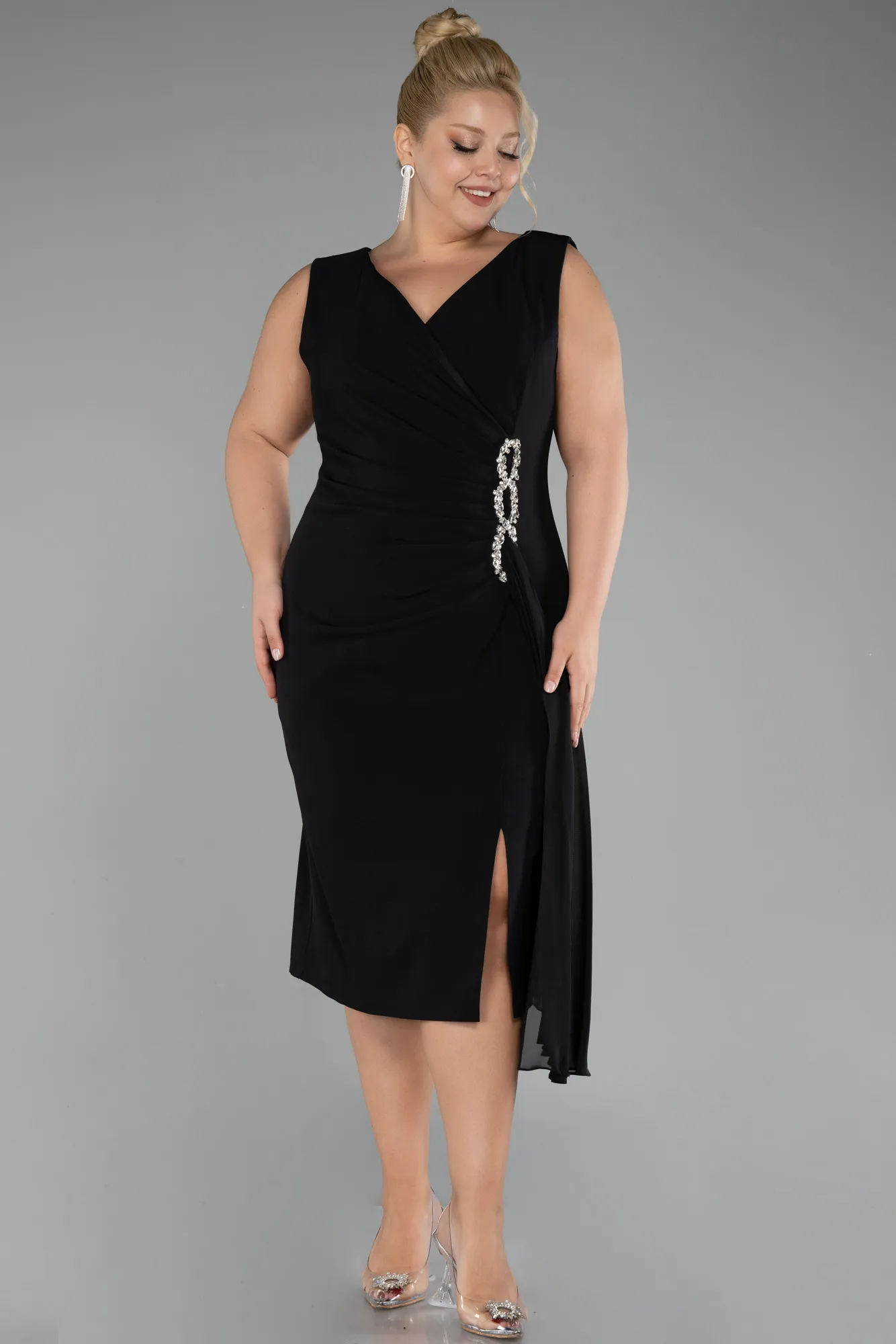 Black-Sleeveless Midi Plus Size Invitation Dress ABK2057