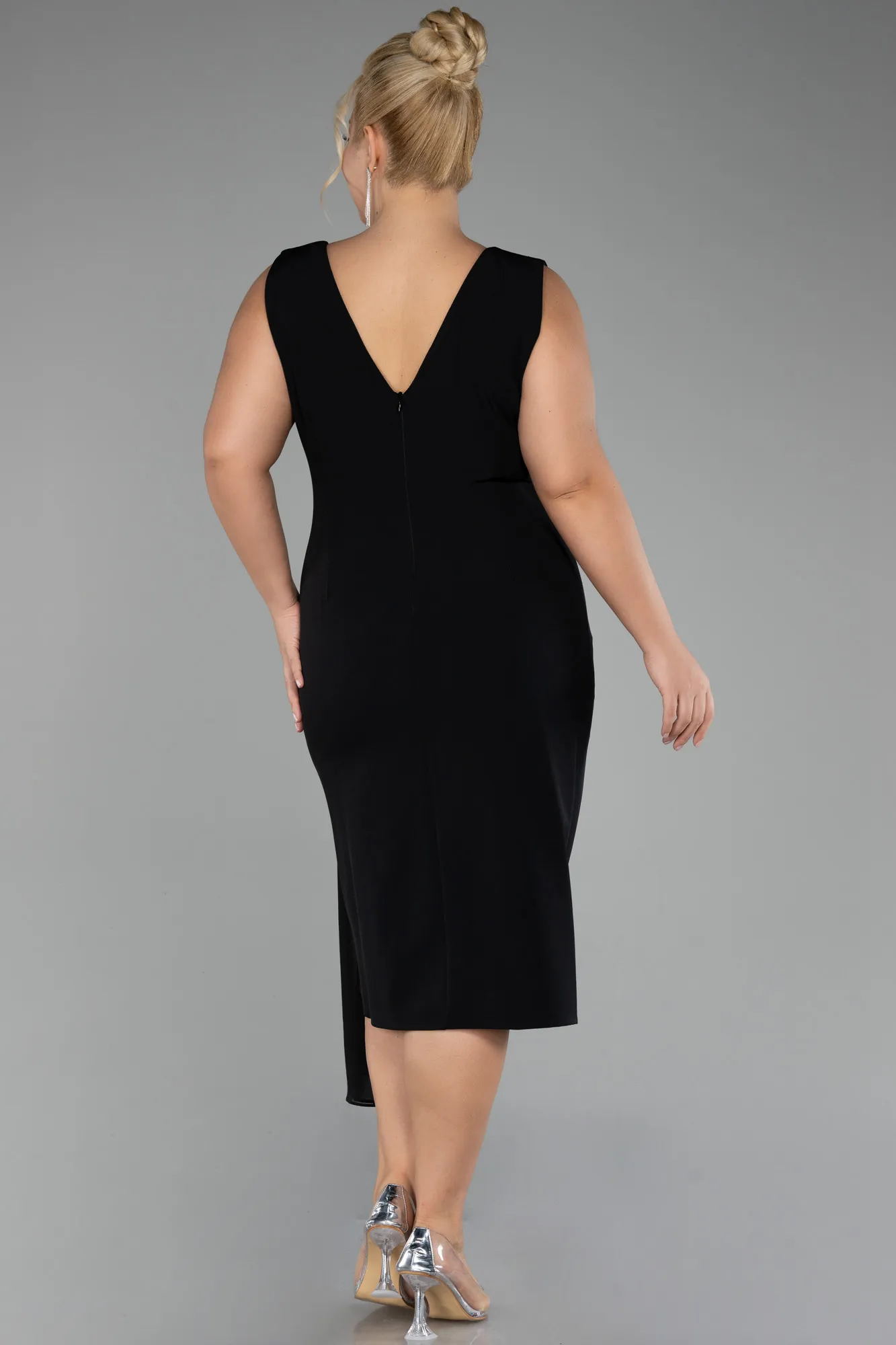 Black-Sleeveless Midi Plus Size Invitation Dress ABK2057