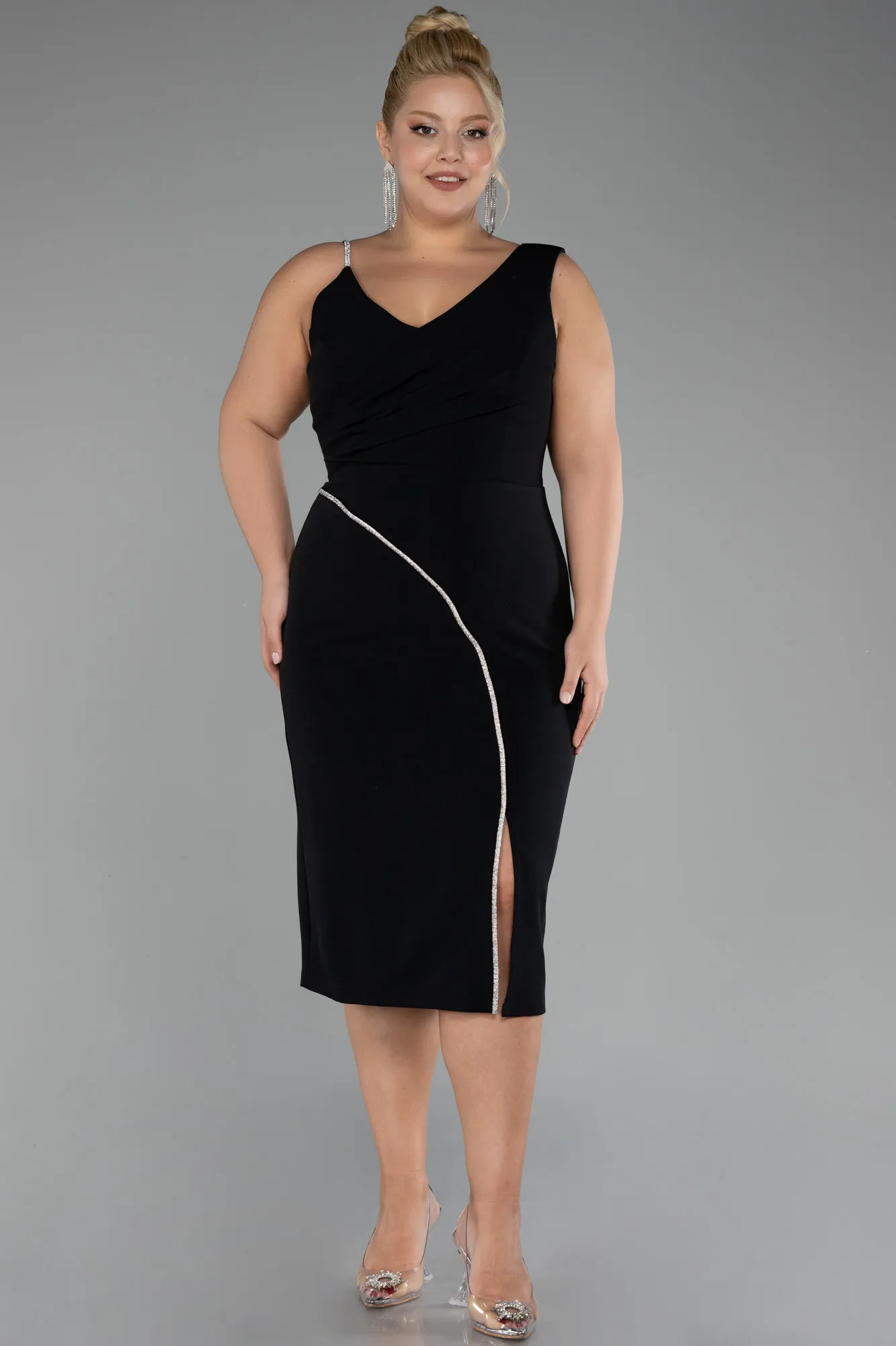 Black-Sleeveless Midi Plus Size Invitation Dress ABK2059