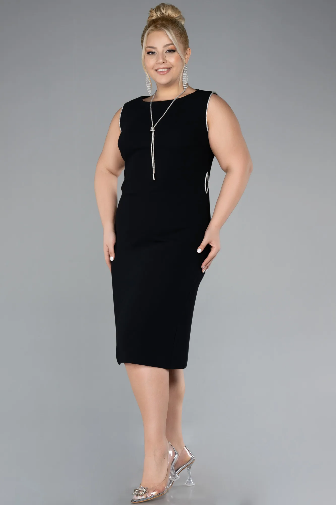 Black-Sleeveless Midi Plus Size Invitation Dress ABK2155