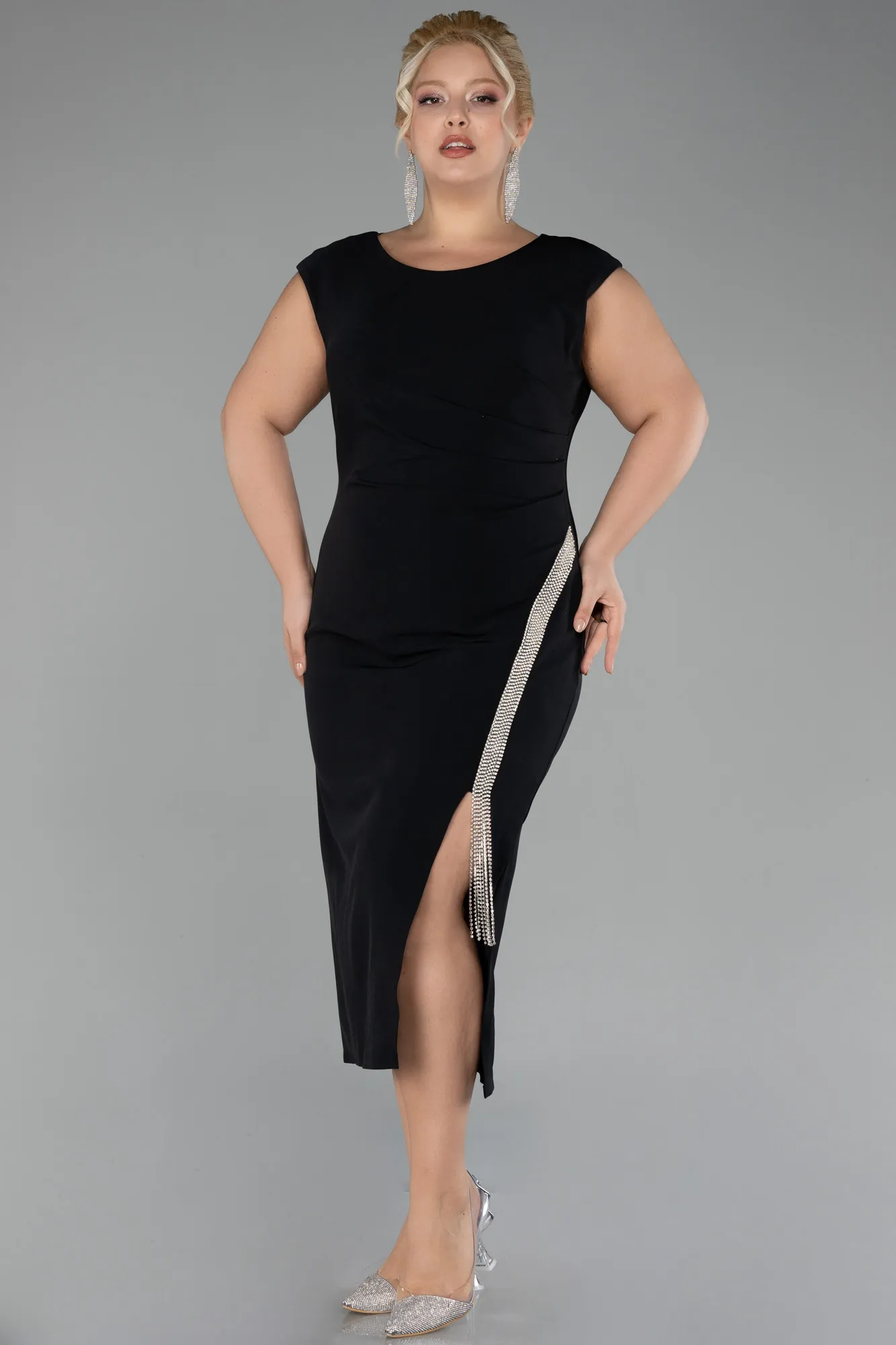 Black-Sleeveless Midi Plus Size Party Dress ABK2058