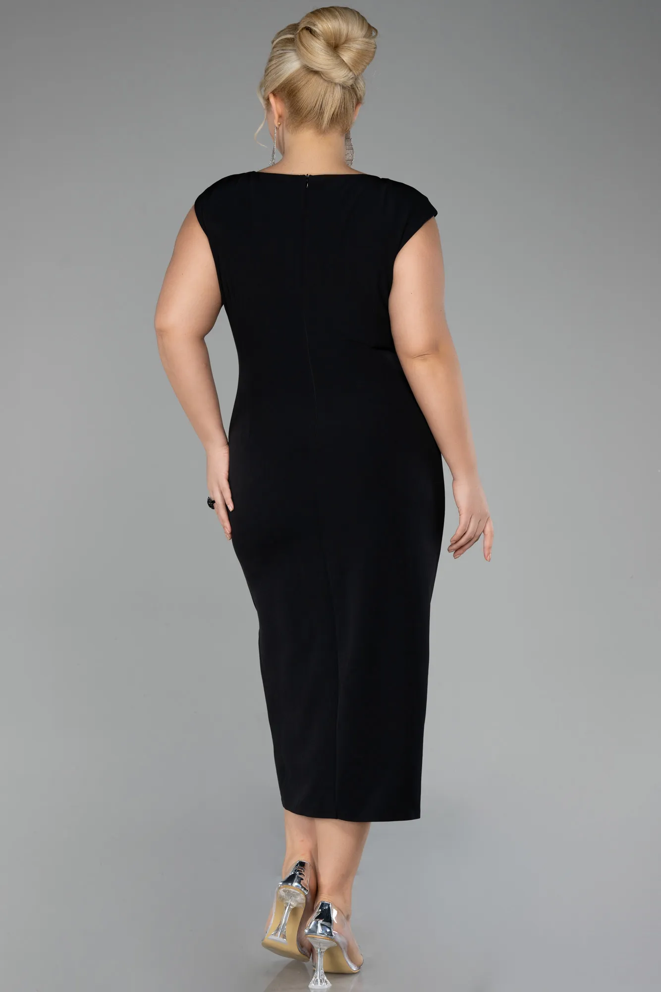 Black-Sleeveless Midi Plus Size Party Dress ABK2058