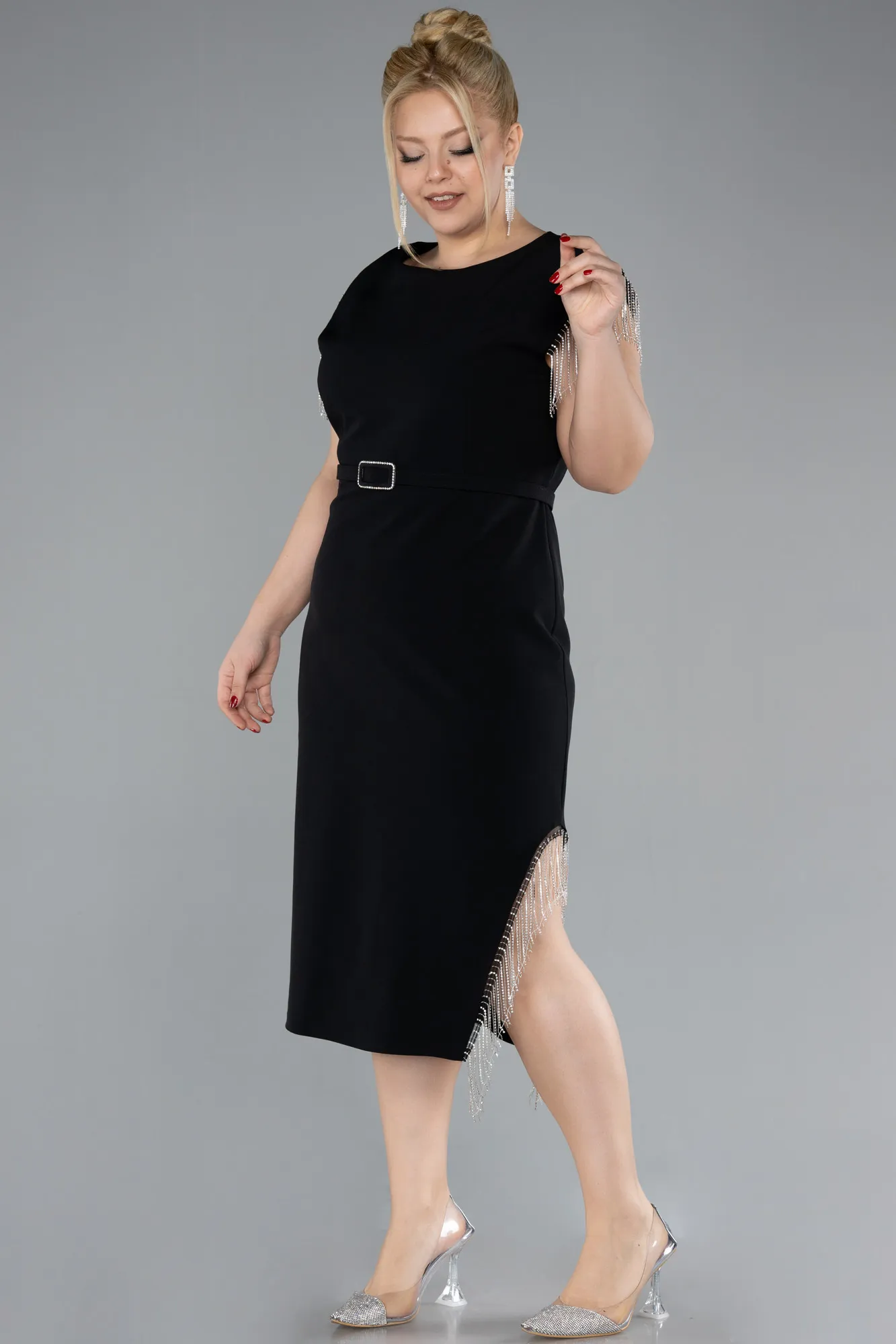 Black-Sleeveless Midi Plus Size Party Dress ABK2193