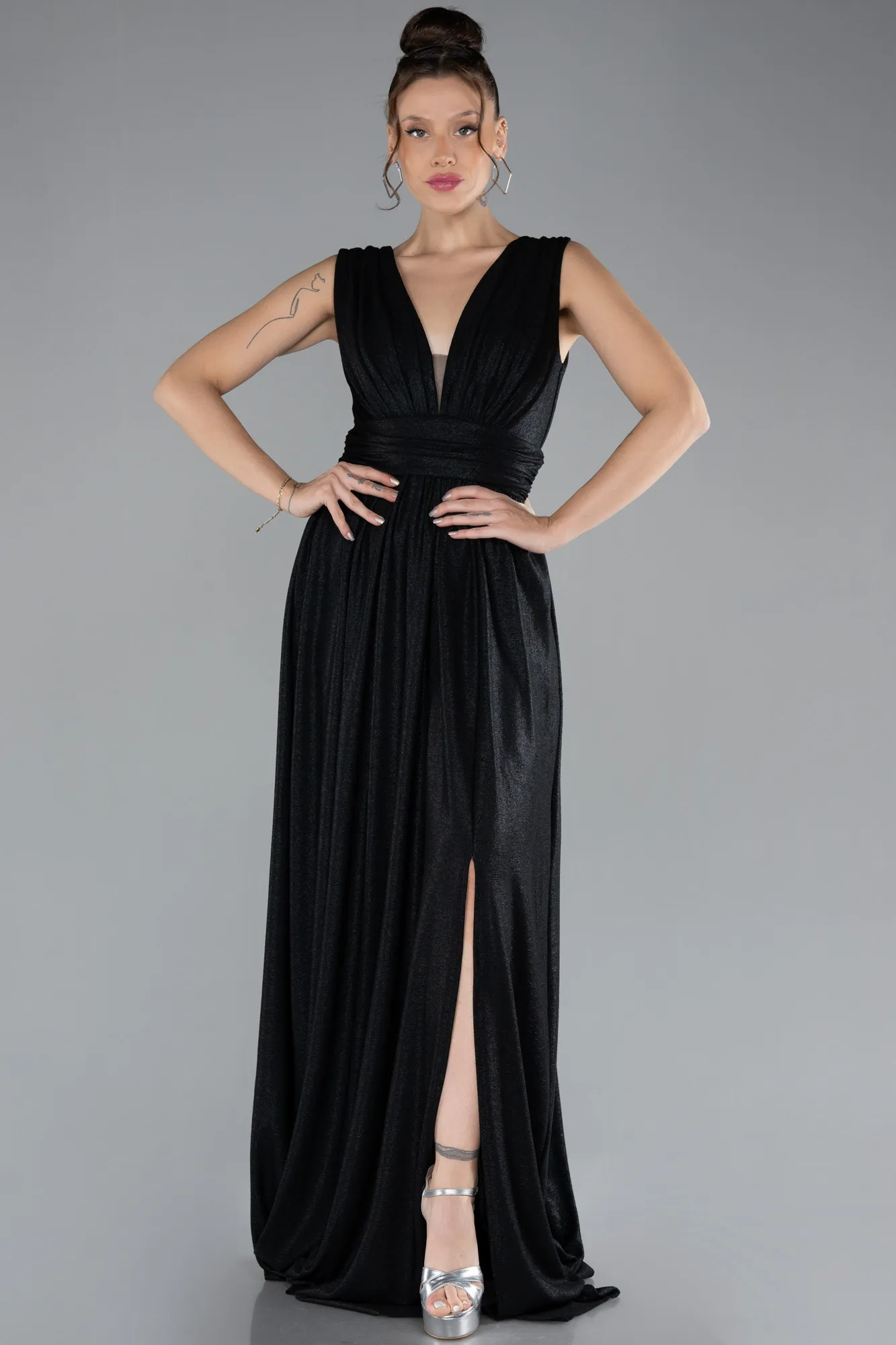 Black-Sleeveless Slit Long Glitter Evening Dress ABU4377