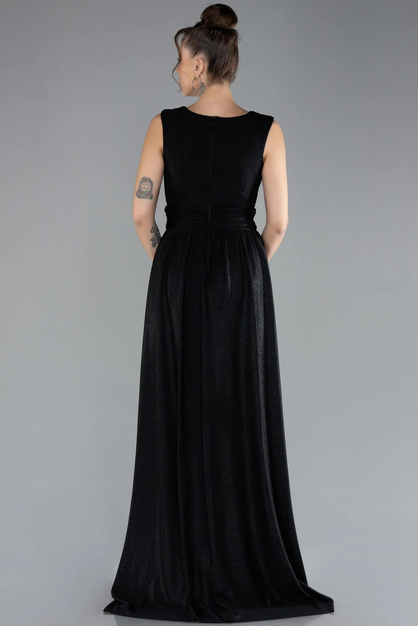 Black-Sleeveless Slit Long Glitter Evening Dress ABU4377