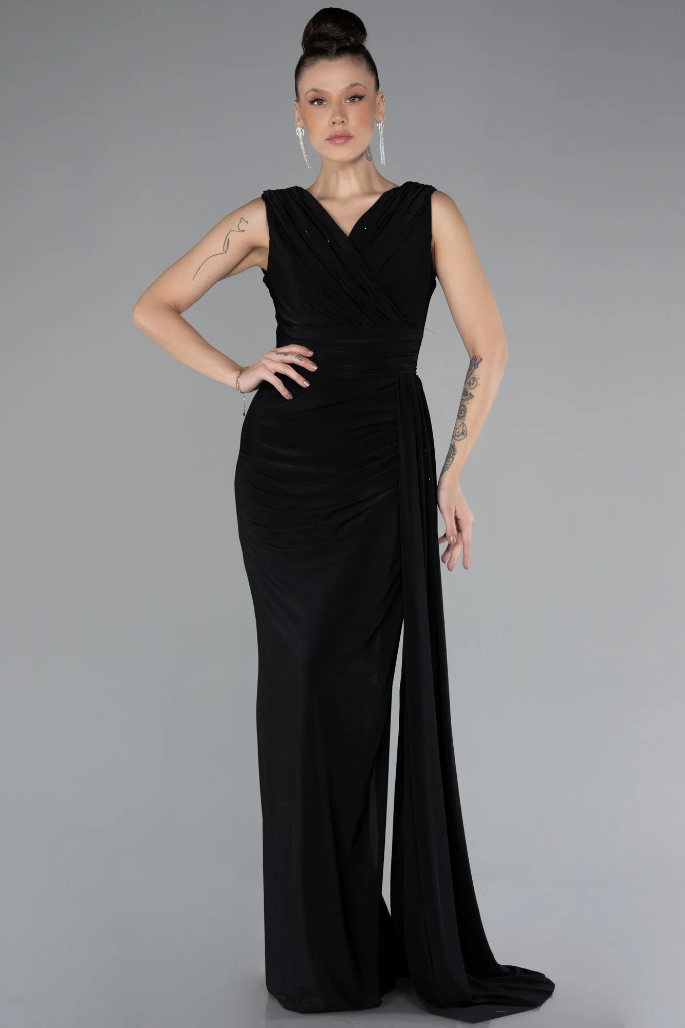 Black-Sleeveless Tailed Long Evening Dress ABU4534