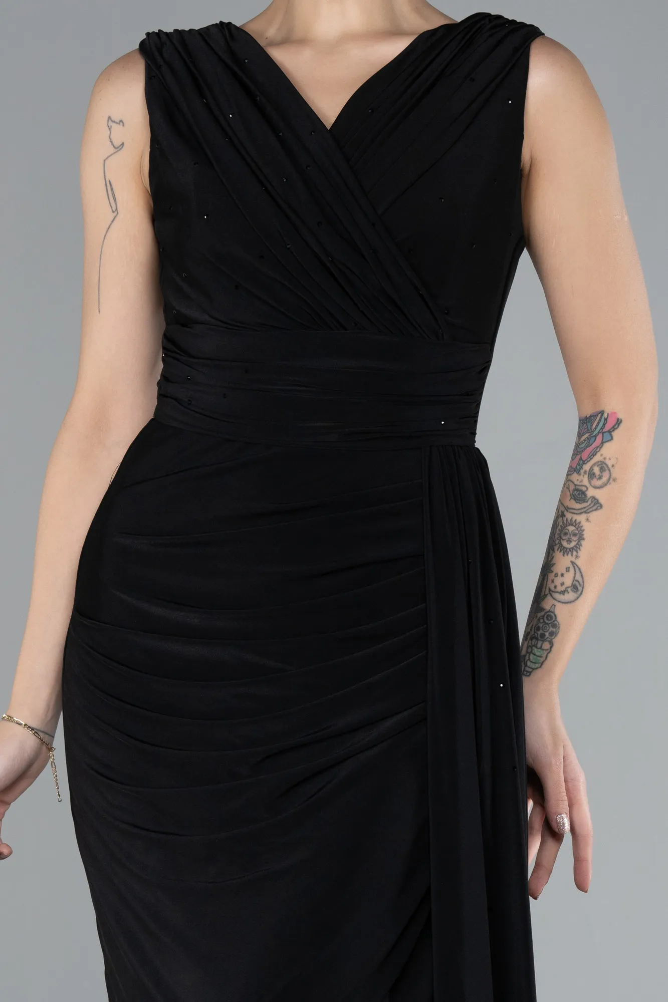 Black-Sleeveless Tailed Long Evening Dress ABU4534